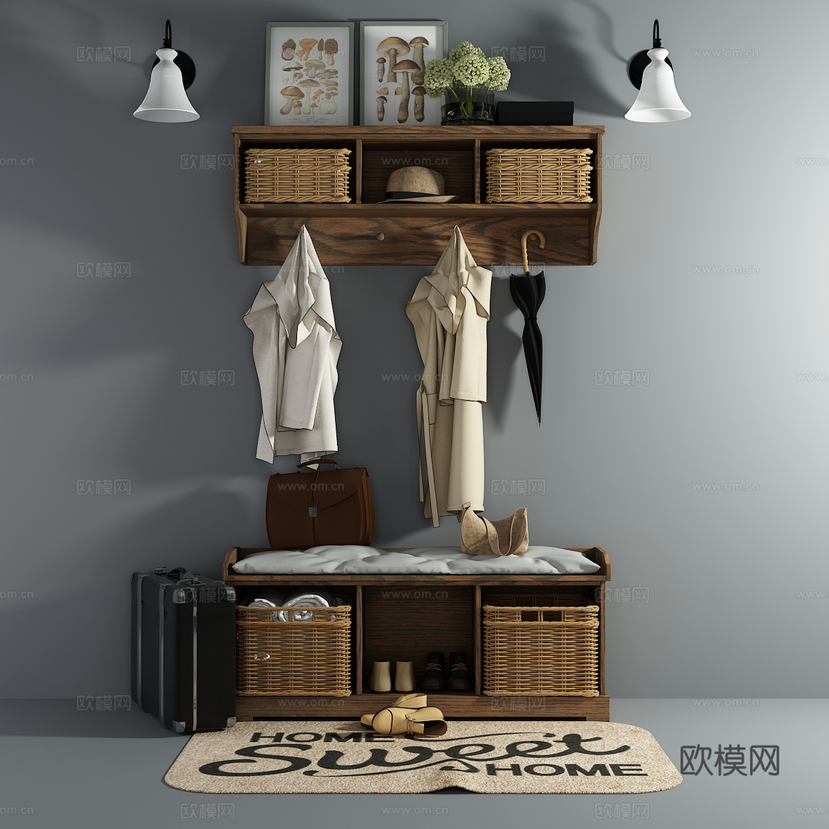 现代鞋柜 大衣 藤编收纳筐 衣服3d模型