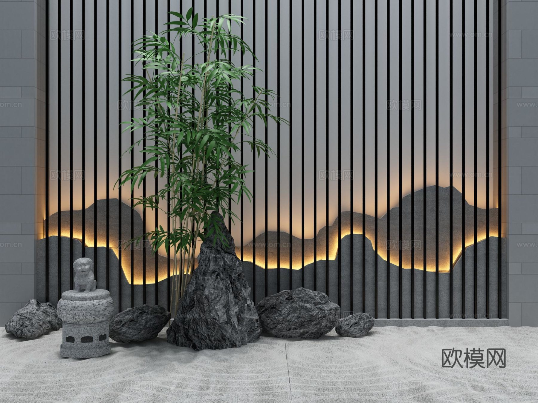 新中式石头景观背景墙竹子组合3d模型
