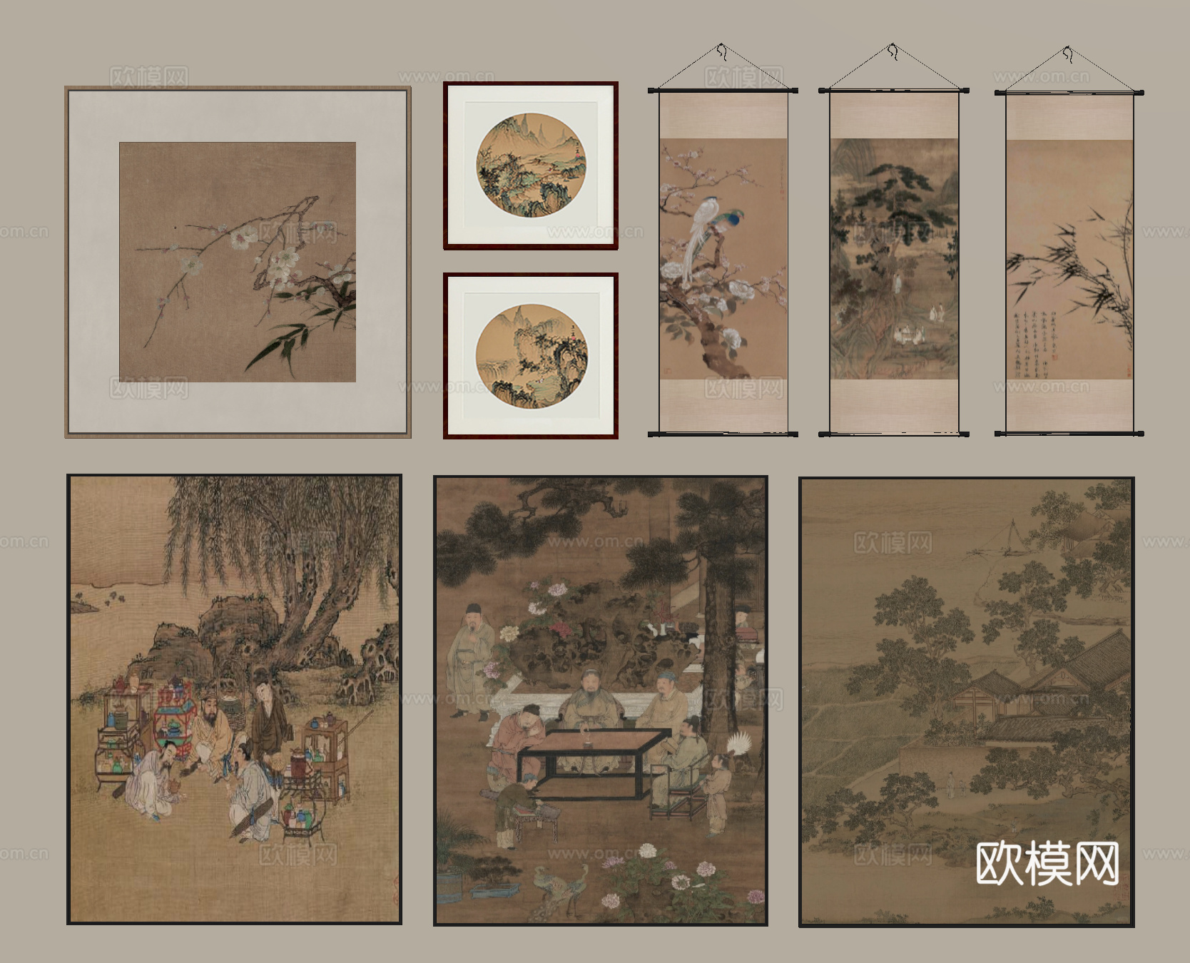 挂画 卷轴画 水墨画 挂画组合 装饰画 字画su模型