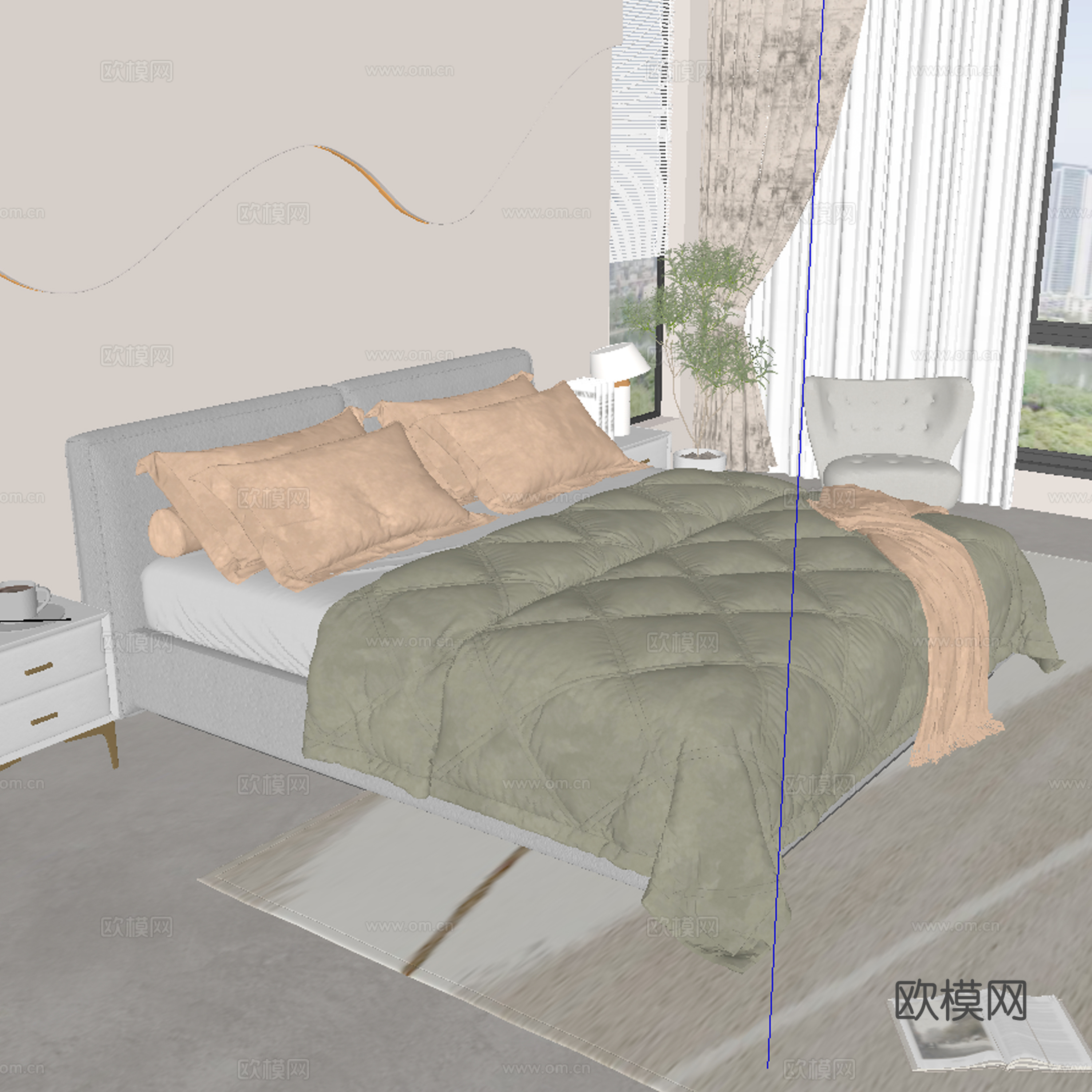 现代双人床su模型下载（渲染图2）
