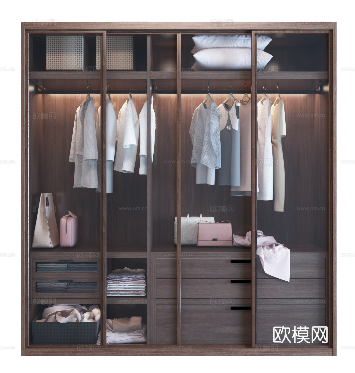现代衣柜组合 衣柜 衣服 装饰品 服饰 硬包 鞋子3d模型
