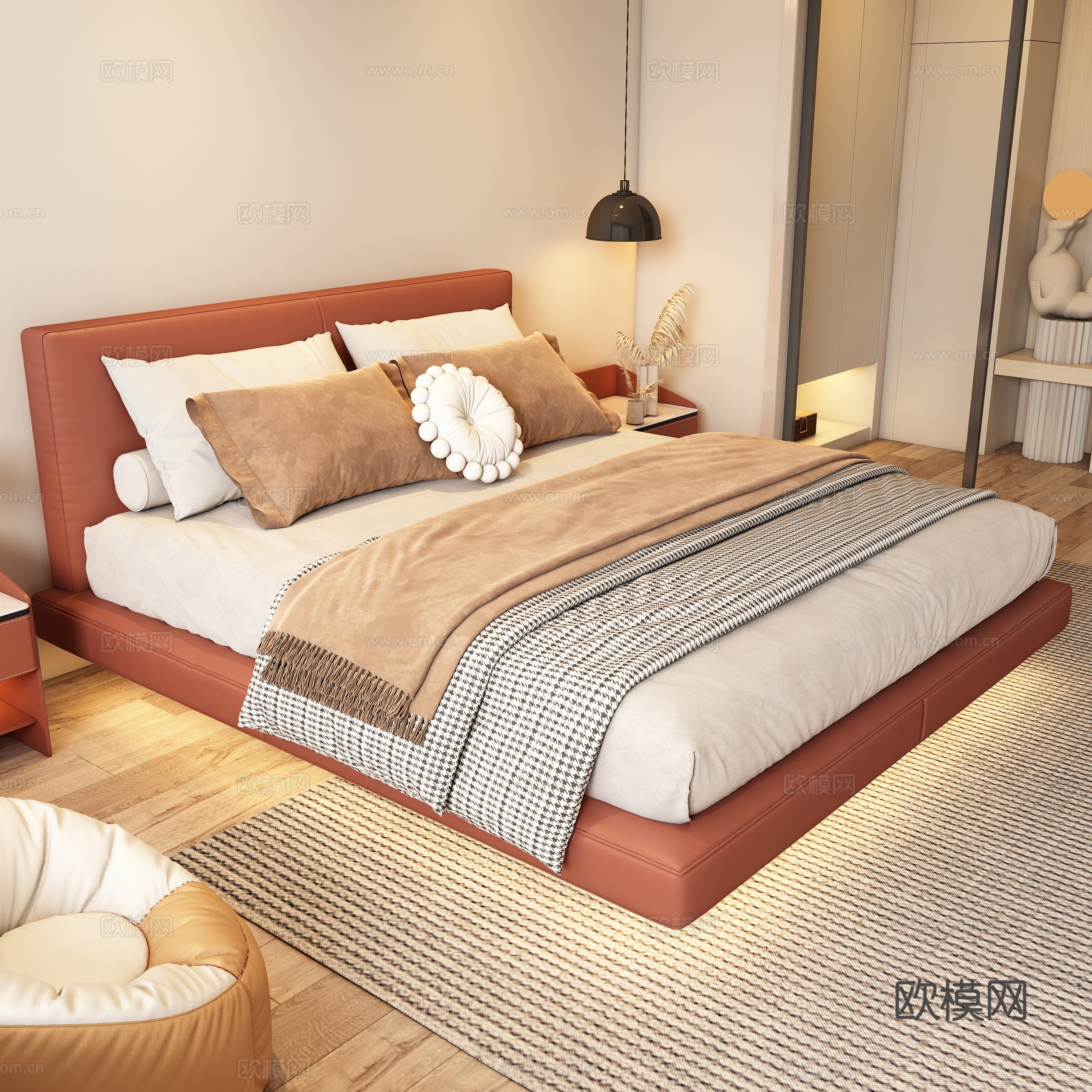 现代双人床su模型