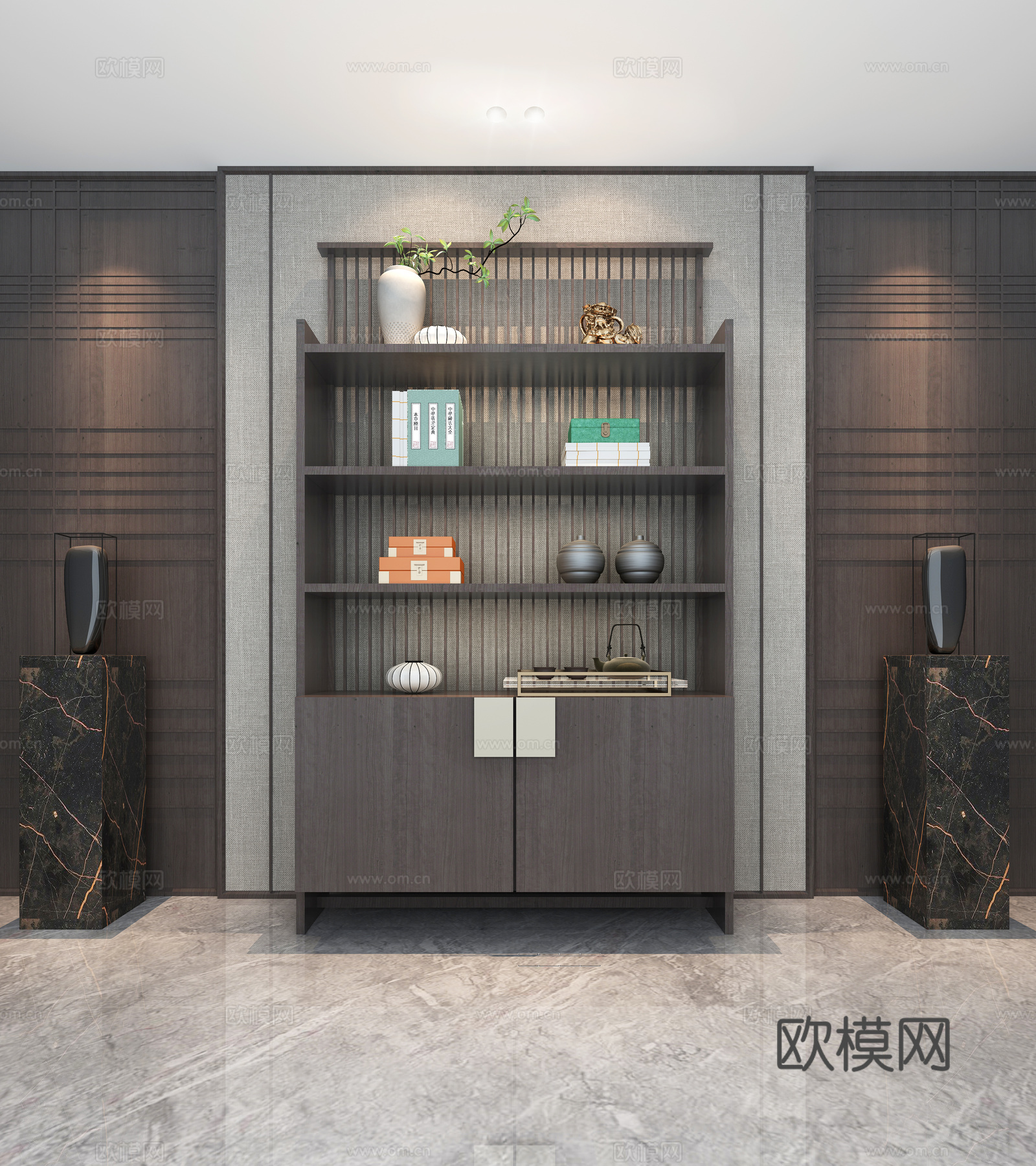 新中式书柜组合3d模型下载（渲染图1）