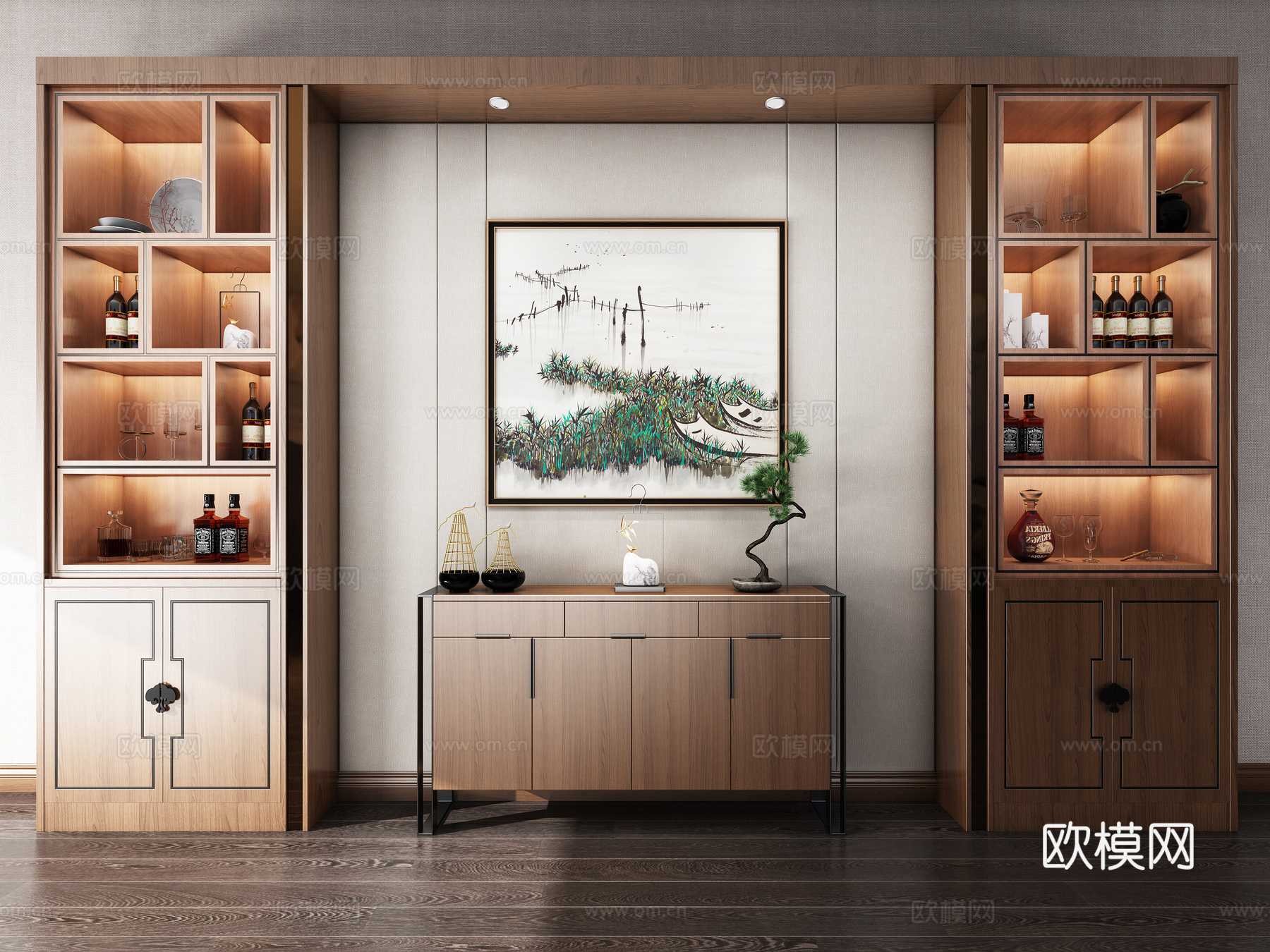 新中式酒柜挂画组合3d模型