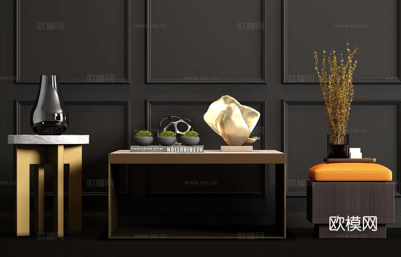现代金属大理石合茶几角几饰品组合3d模型
