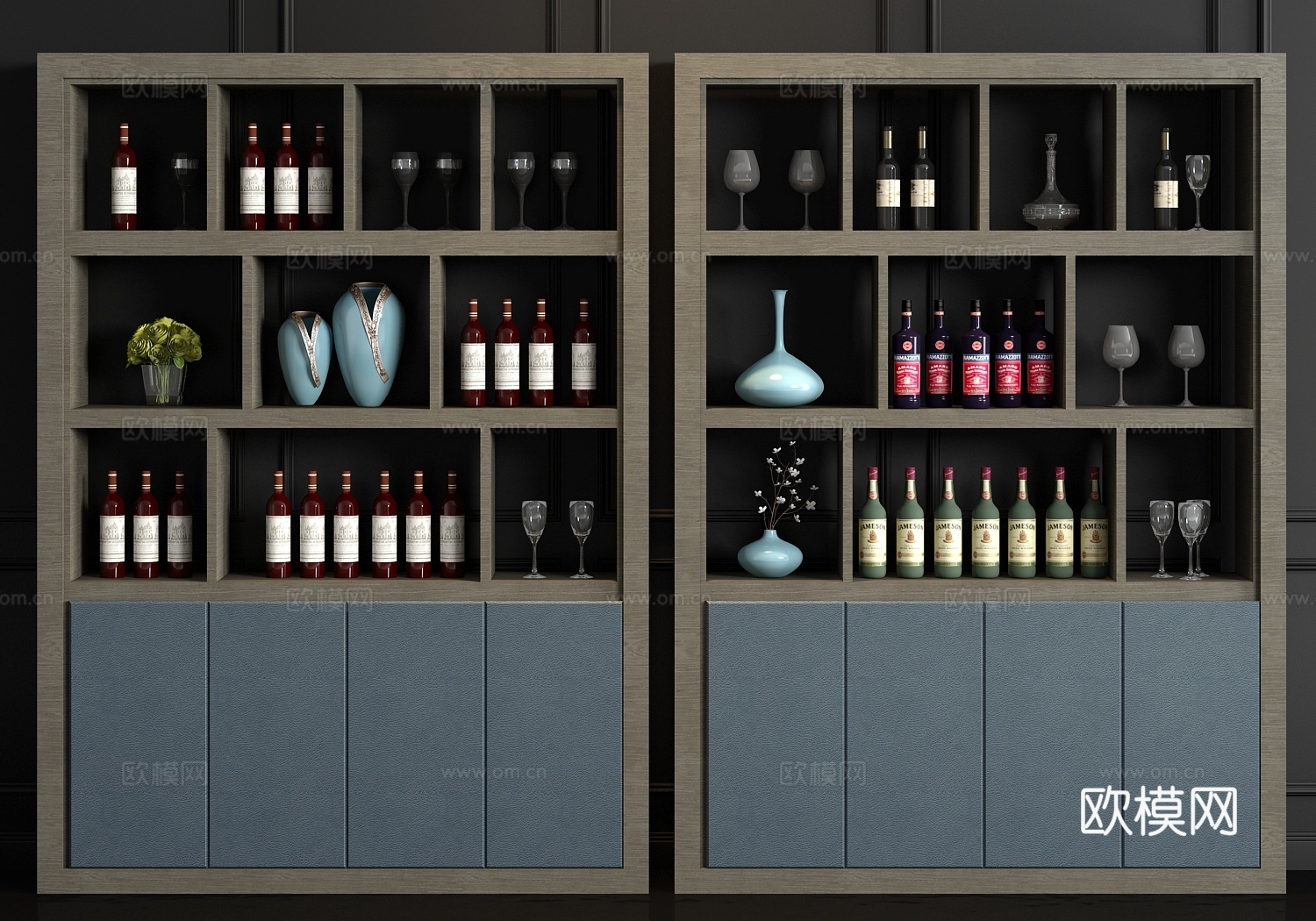 新中式实木皮革酒柜 酒瓶饰品组合3d模型