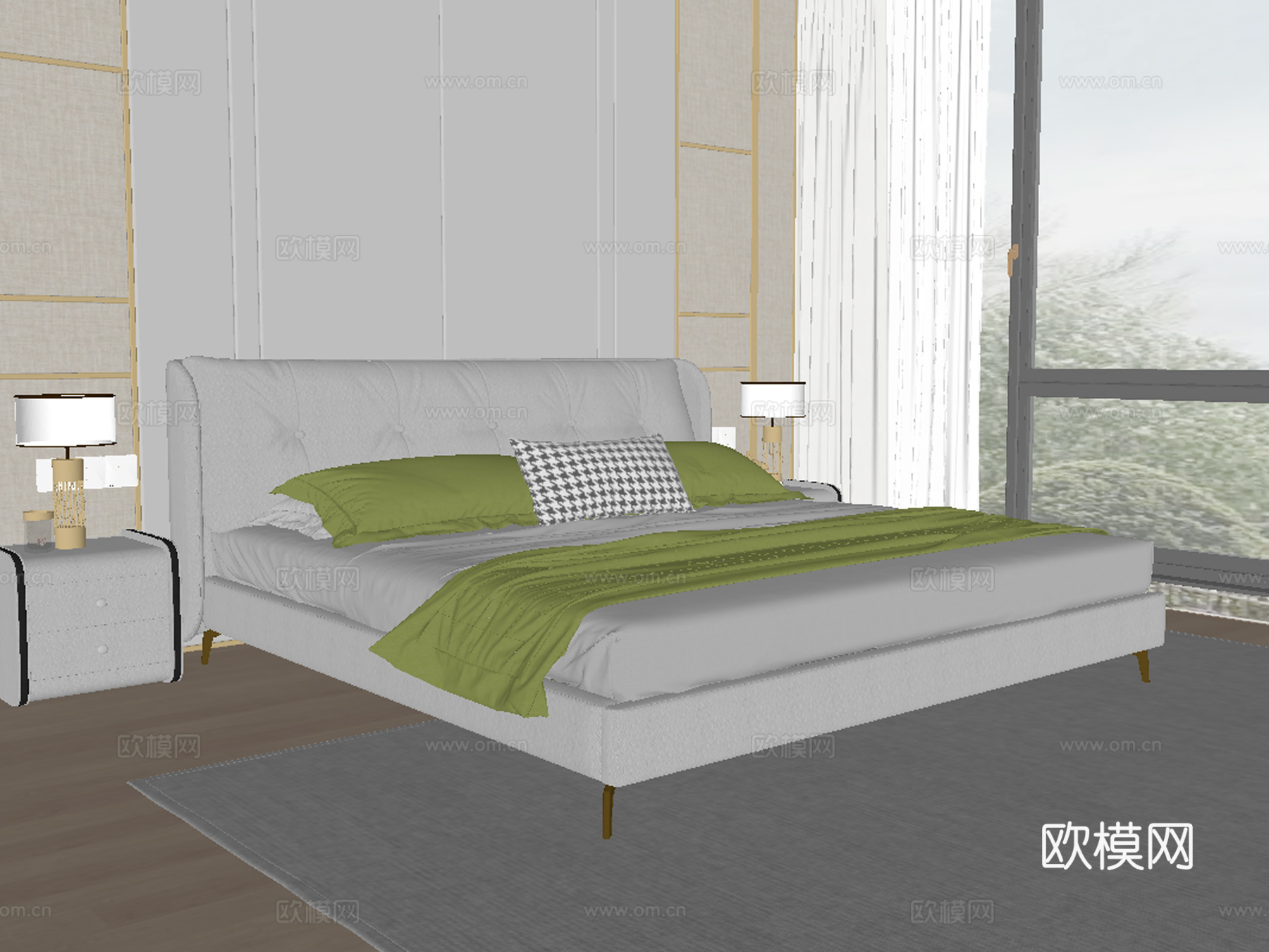 现代双人床免费su模型下载（渲染图2）