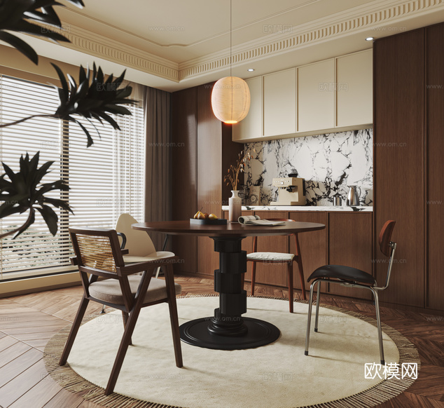 中古風(fēng)餐廳 中古風(fēng)餐桌椅 中古風(fēng)圓形餐桌3d模型下載