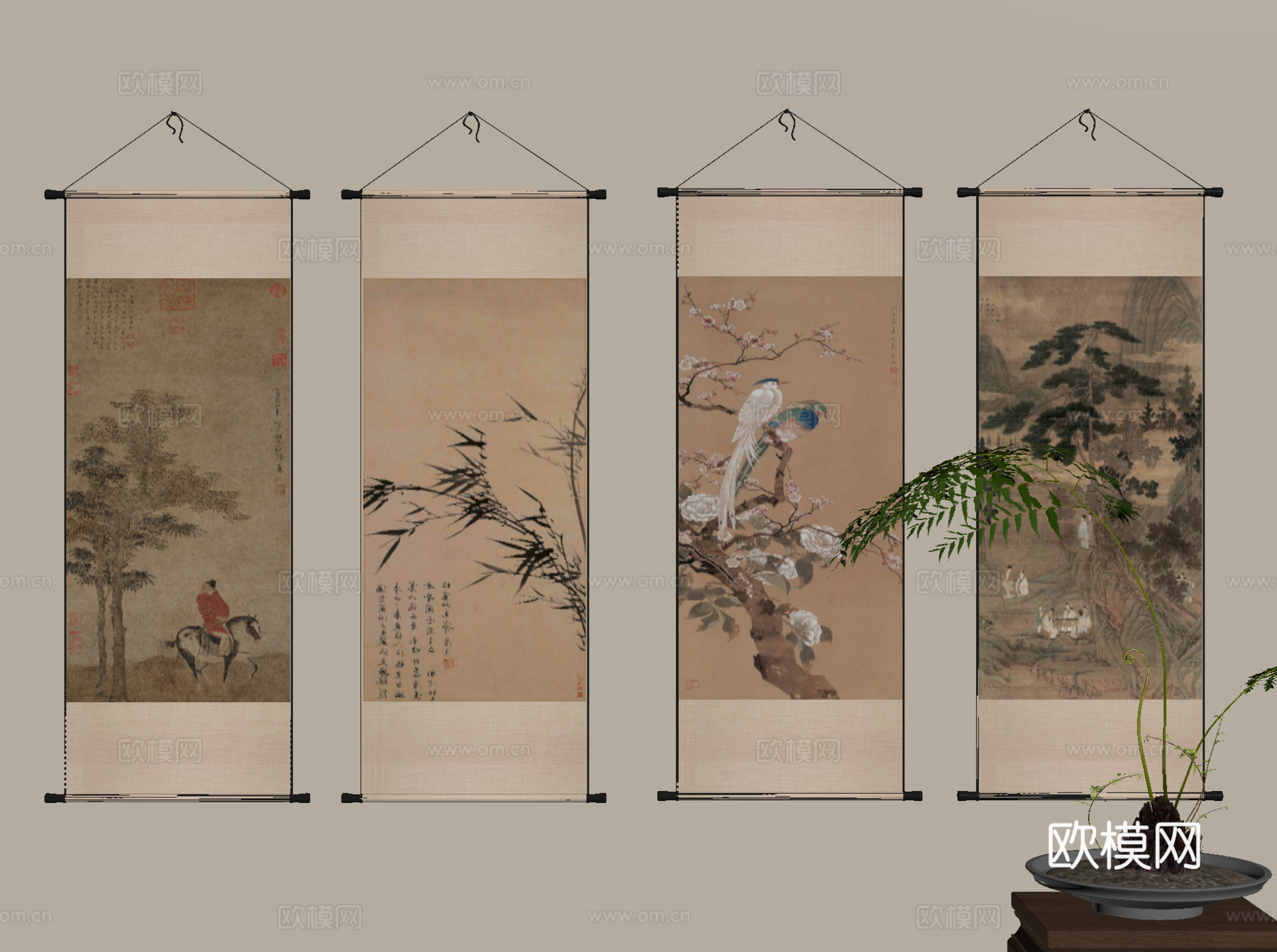 挂画 卷轴画 水墨画 挂画组合 装饰画 字画su模型
