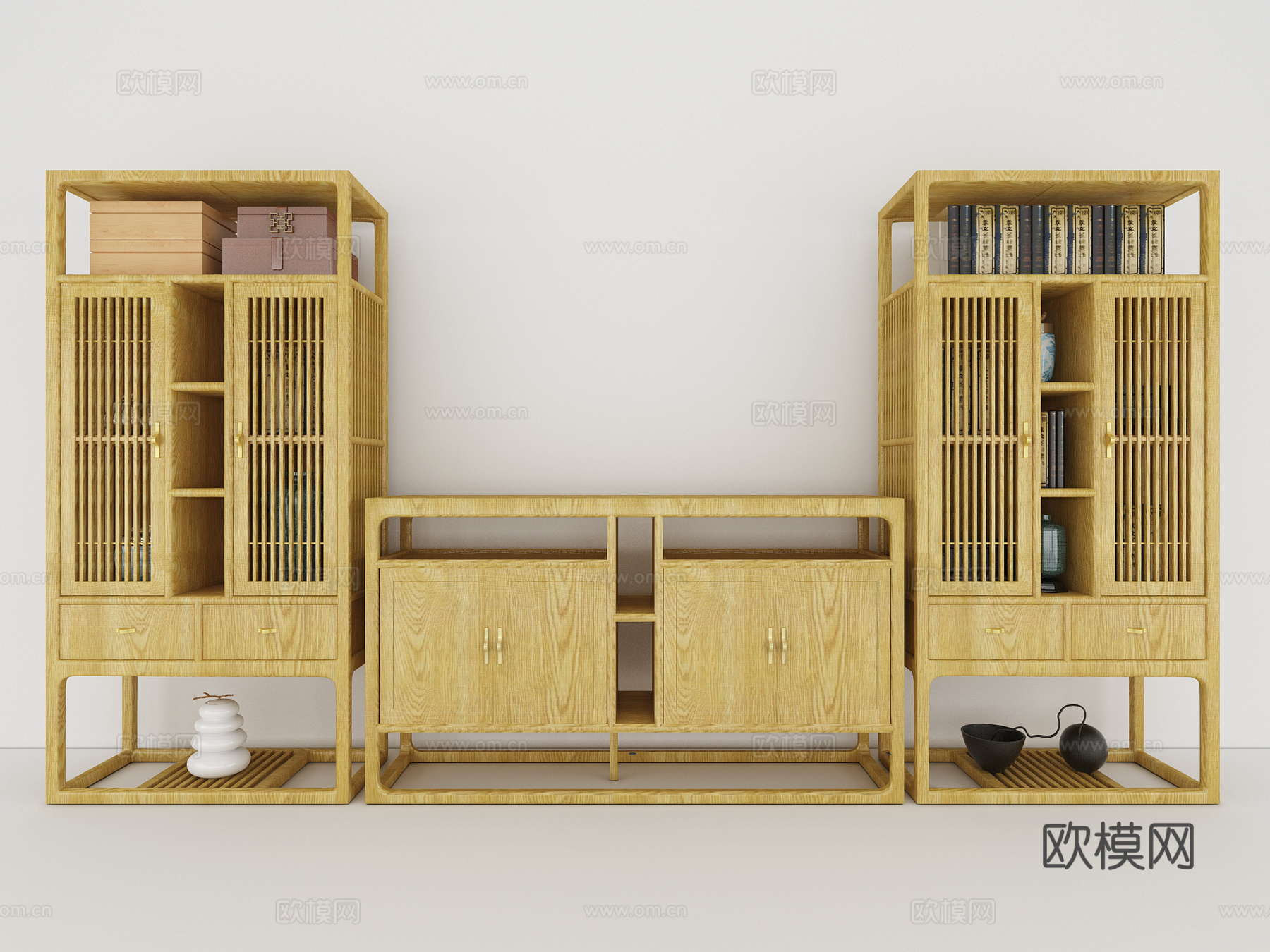 新中式装饰柜 组合柜子 书柜 边柜 摆件3d模型