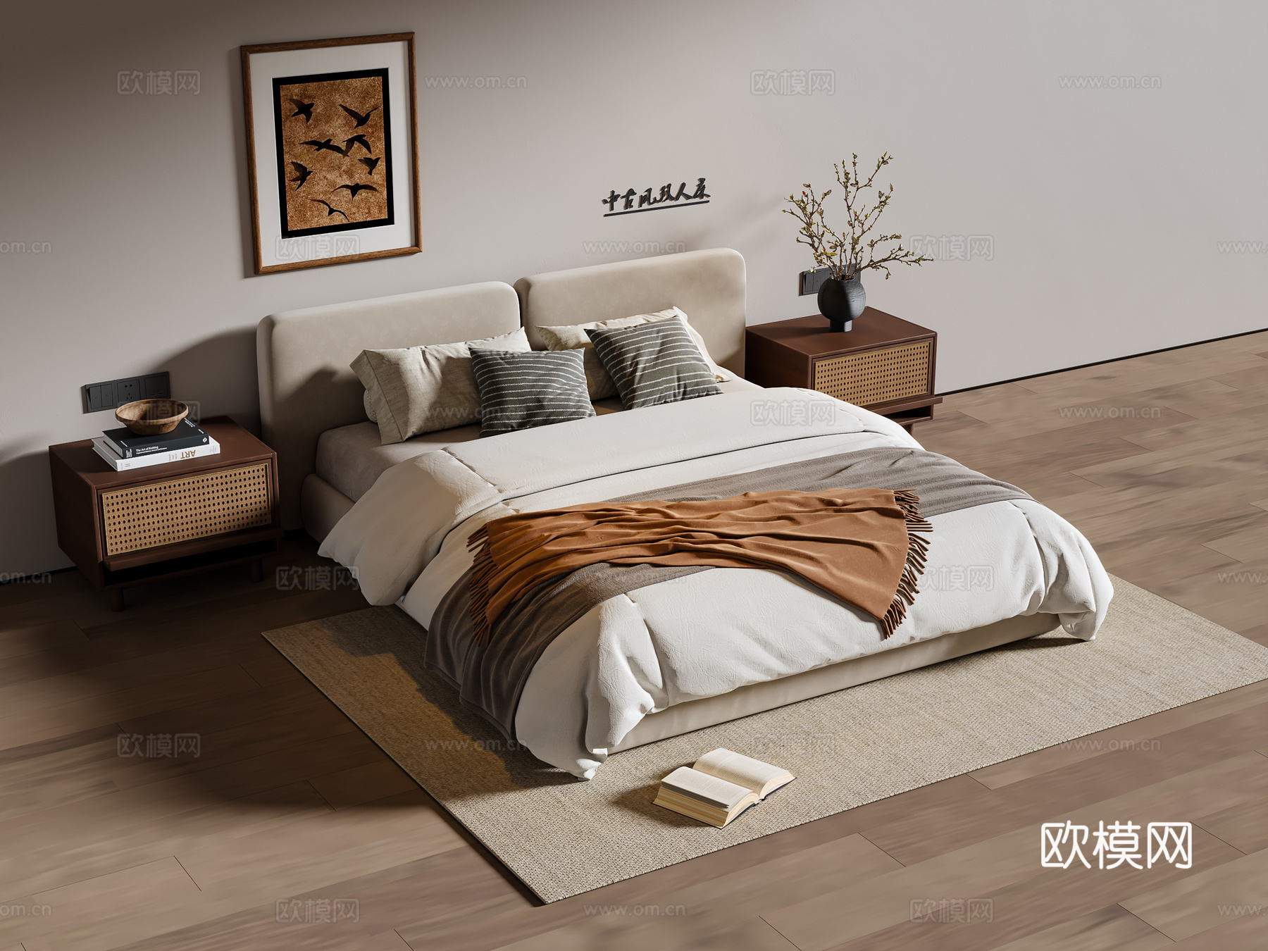 中古风双人床 布艺双人床 床头柜 挂画 地毯3d模型