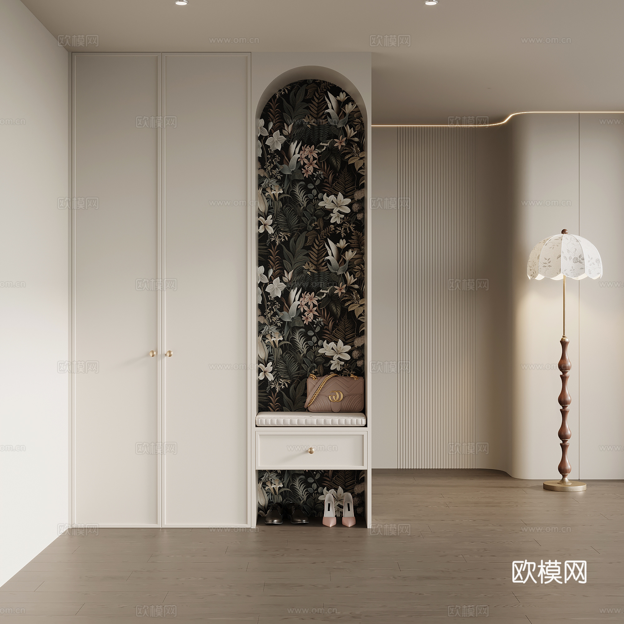 法式复古风玄关柜 入户鞋柜 隔断柜su模型