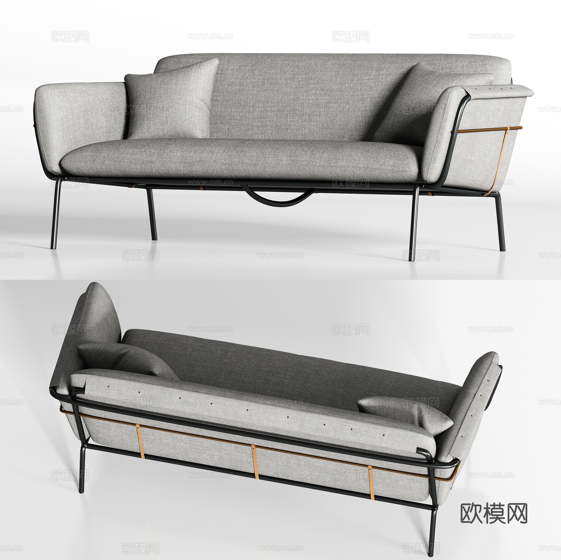 现代金属灰色布艺双人沙发枕头组合3d模型