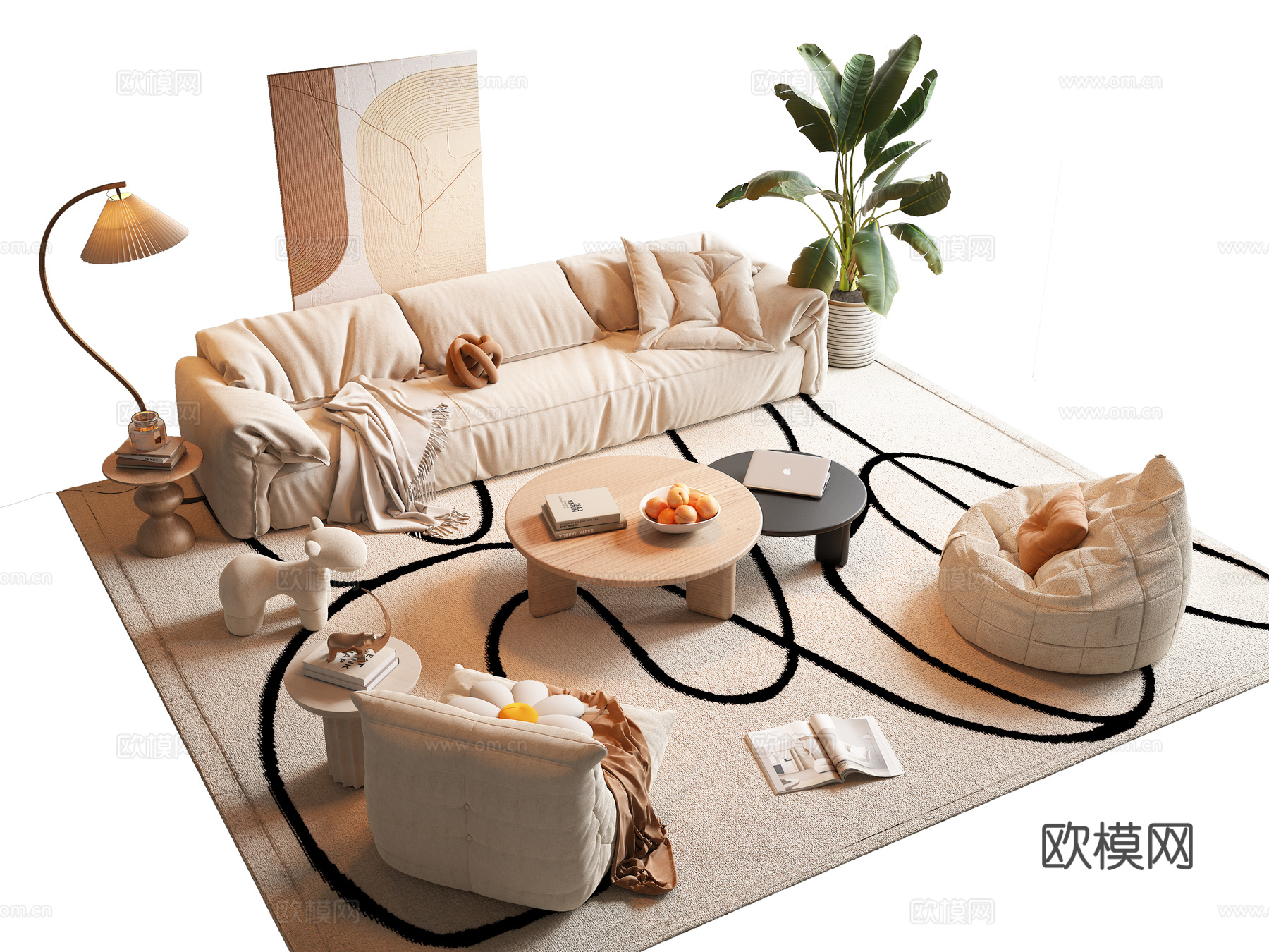 现代奶油风沙发茶几组合3d模型