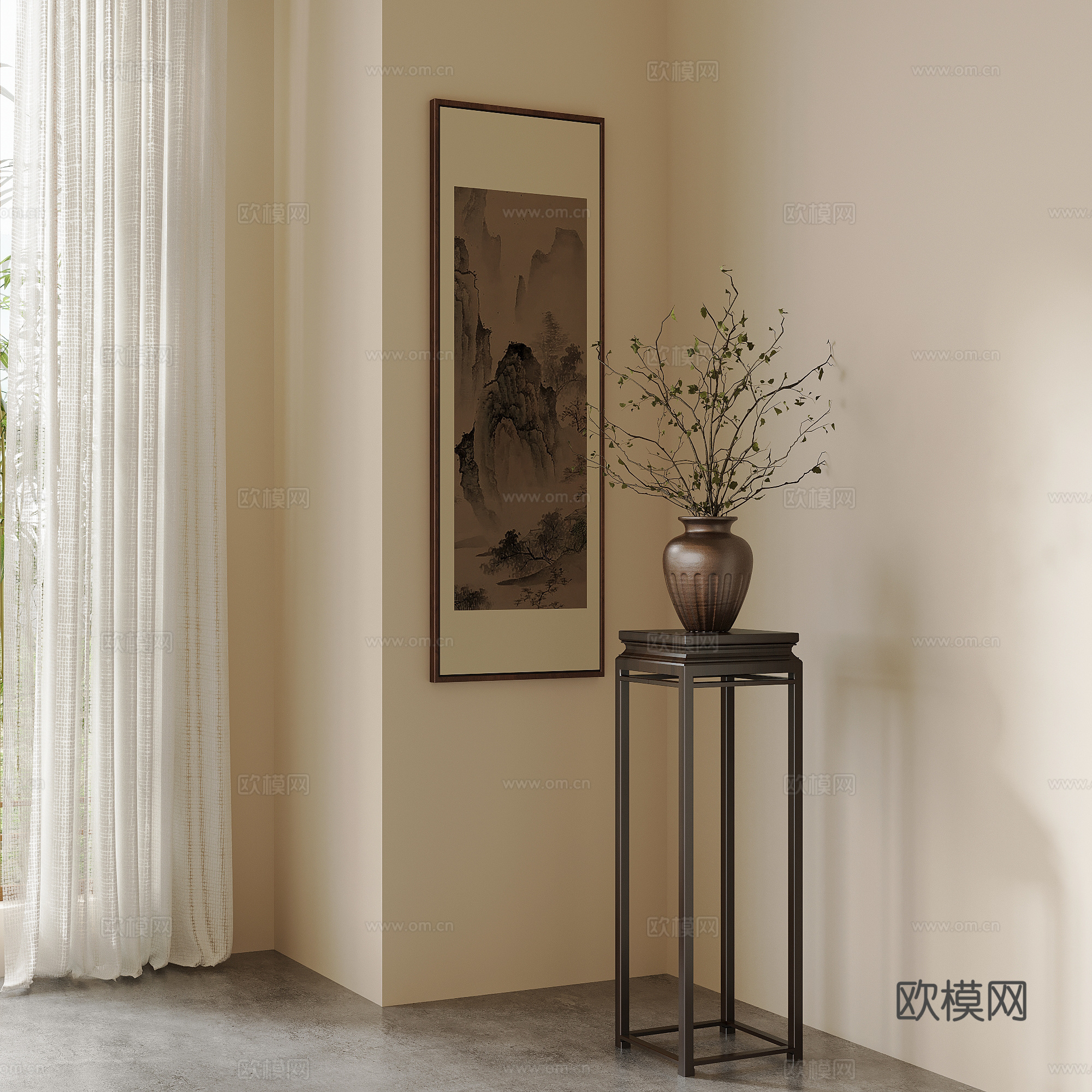 新中式花架 干枝盆景 挂画3d模型