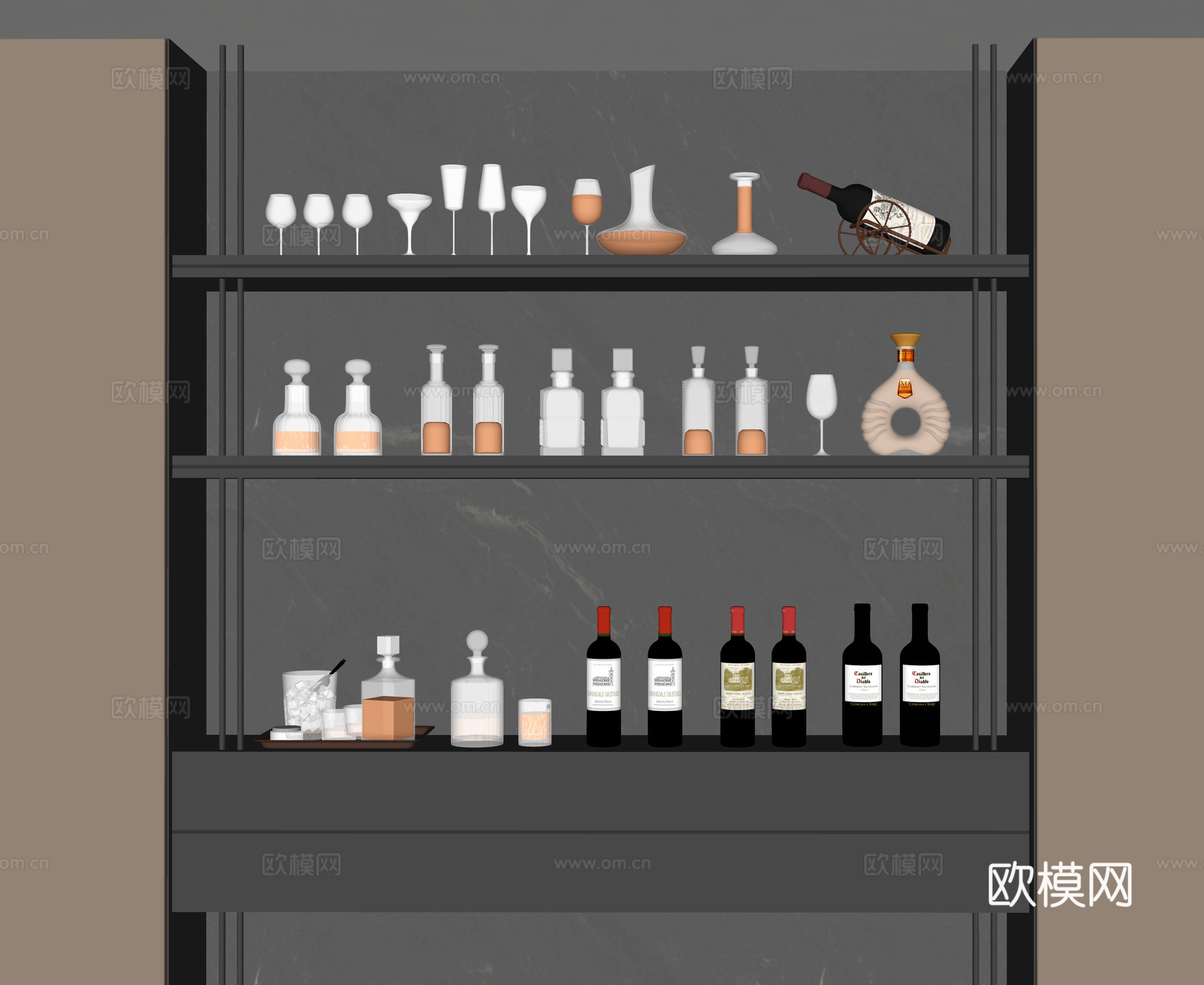 现代酒架 酒瓶 酒具 酒杯su模型