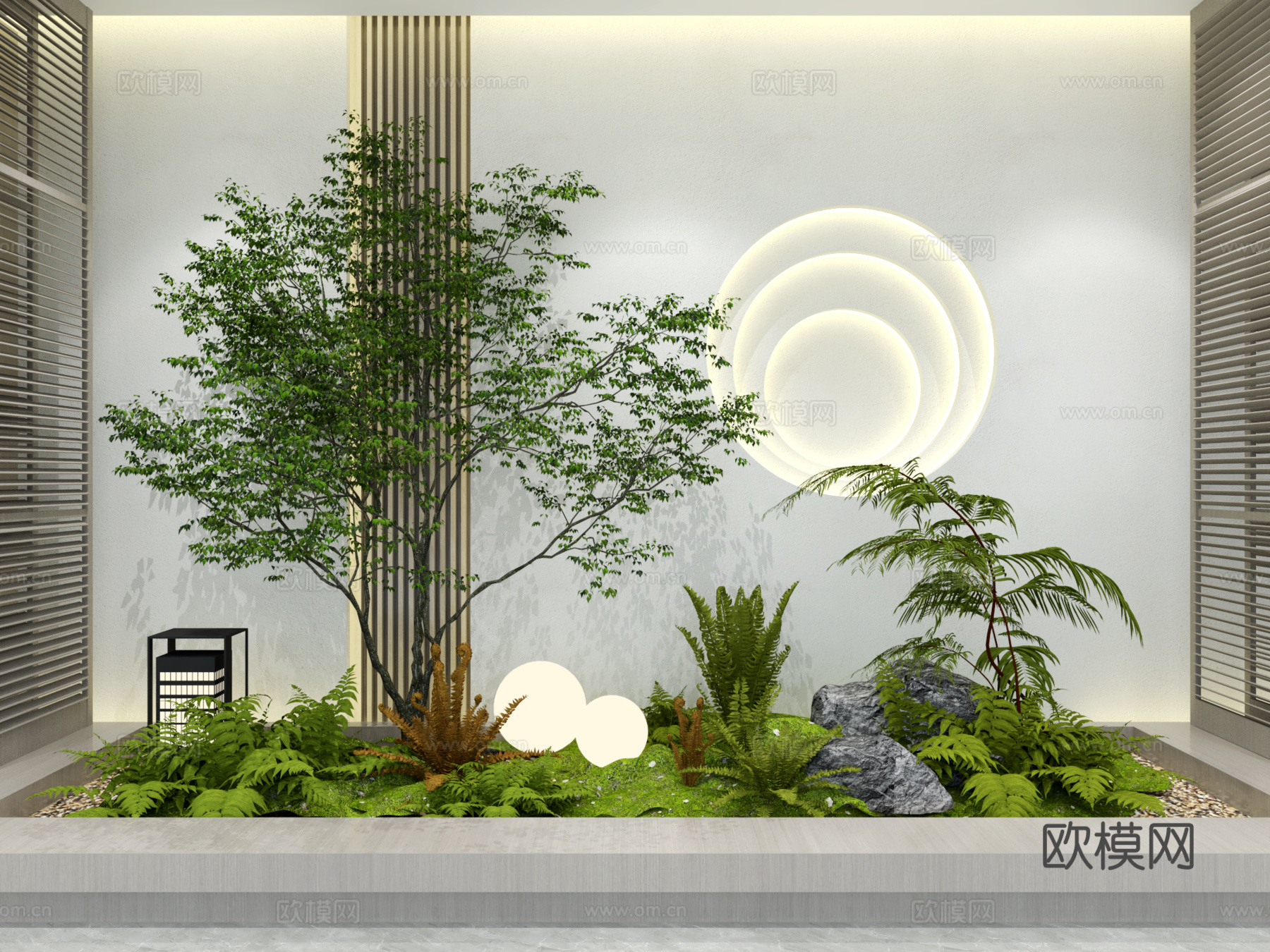 新中式室内庭院景观 庭院小品 别墅天井植物造景su模型