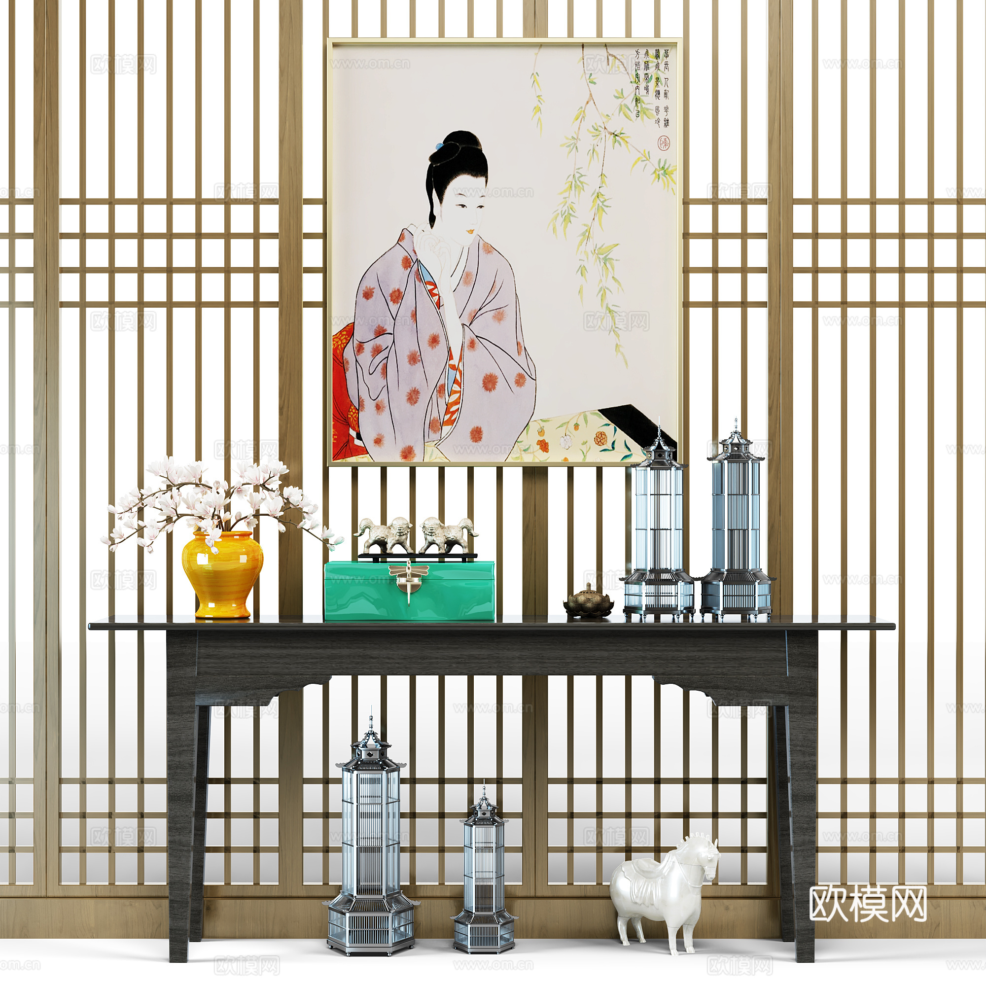 日式端景柜 景端柜 装饰画 屏风3d模型