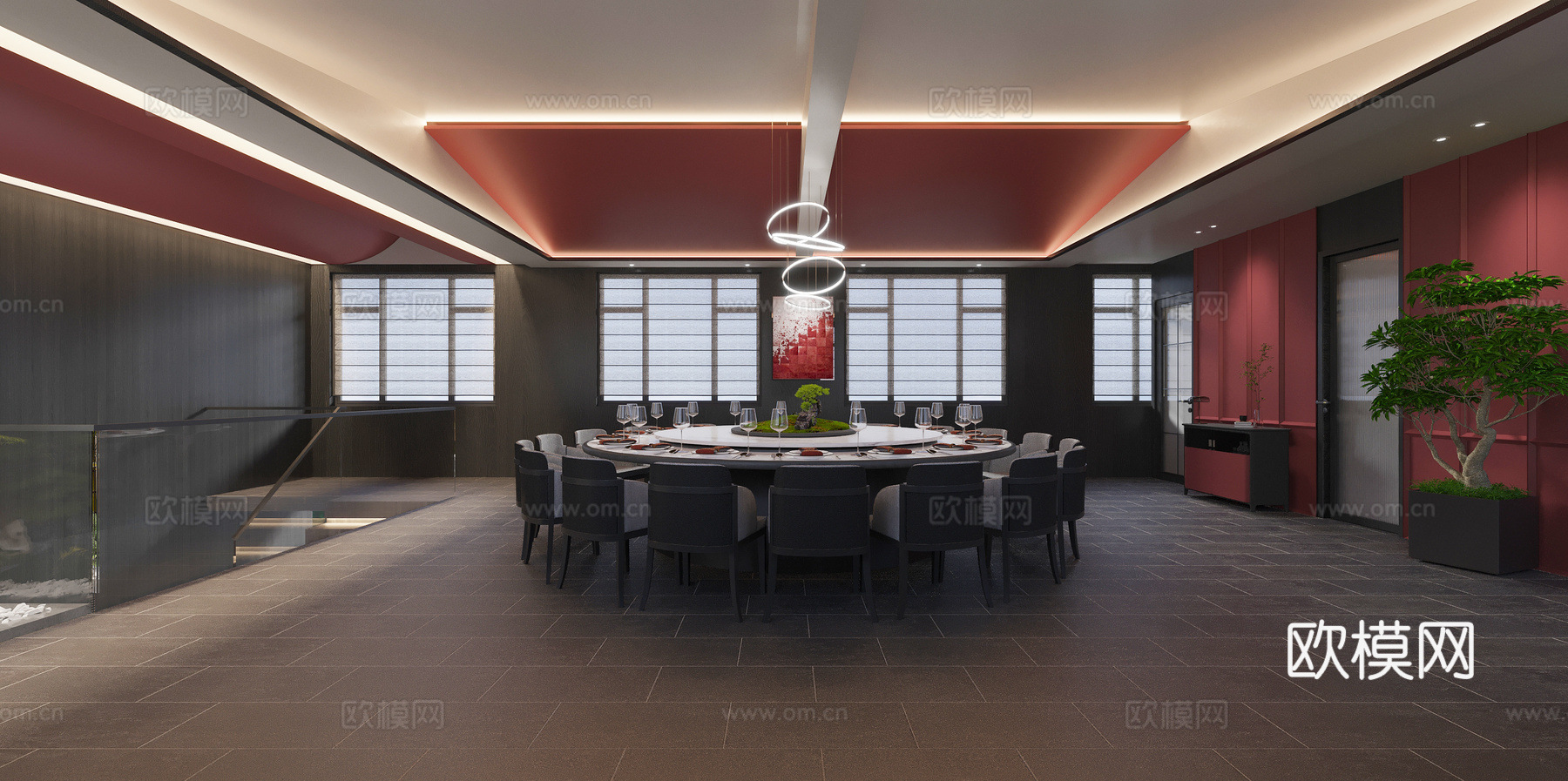 新中式 酒店会所 宴会厅 私人会所 私厨 圆桌 包间 餐厅3d模型
