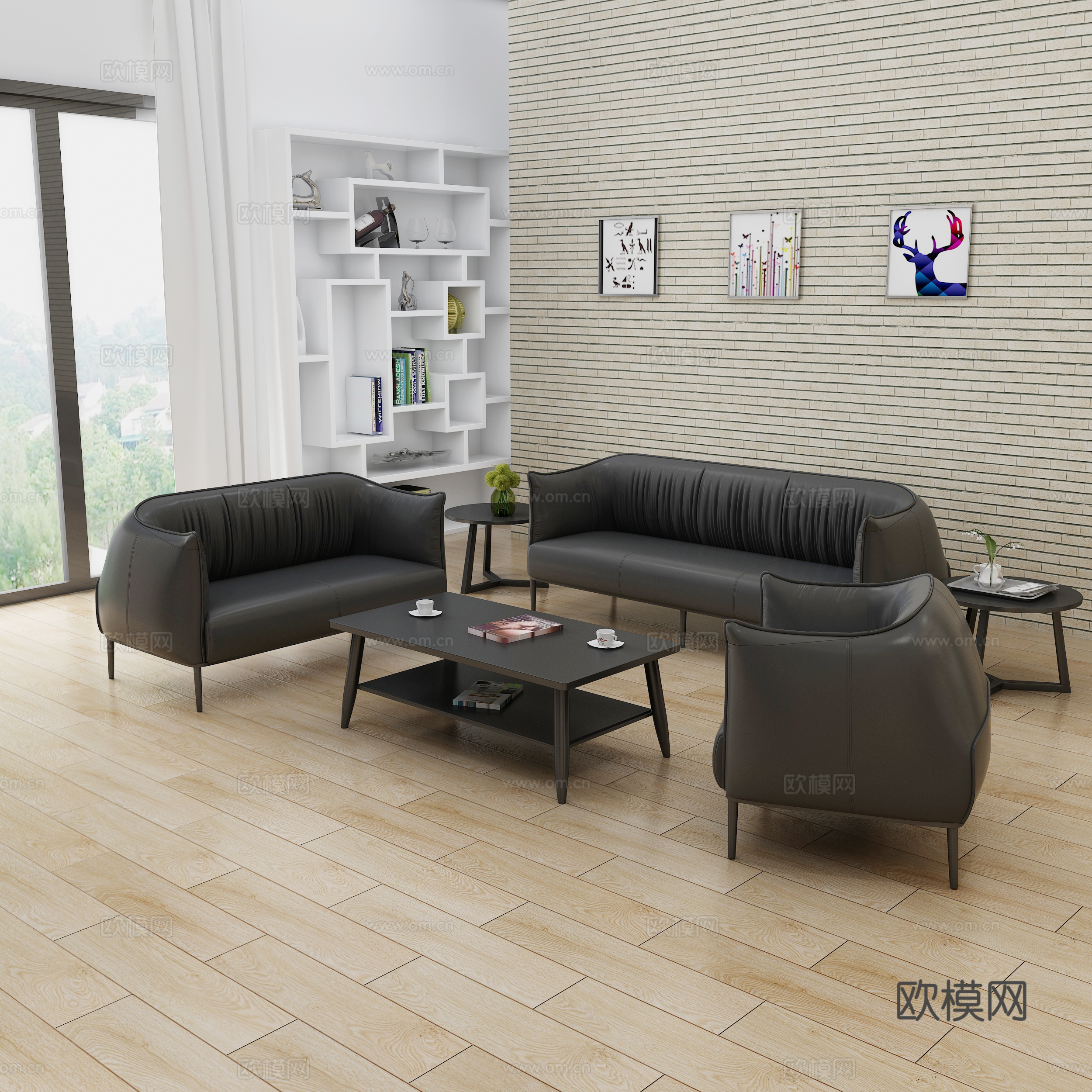 现代办公休闲沙发 沙发茶几组合 黑色皮沙发3d模型