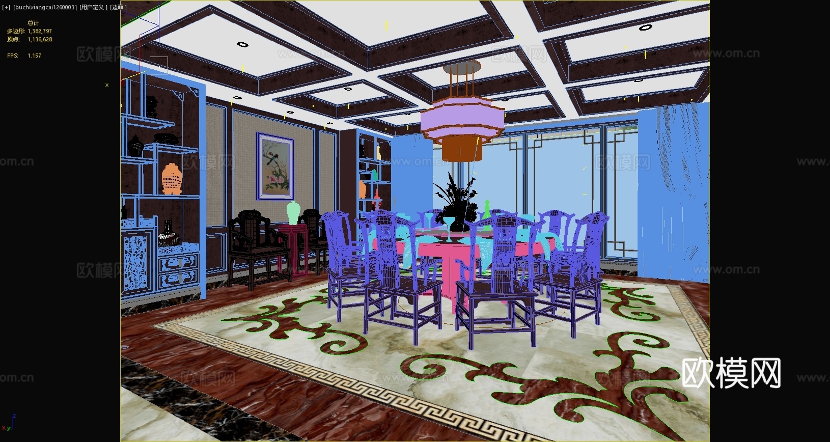 中式餐厅玄关餐桌中式餐椅吊灯餐边柜挂画窗帘3d模型