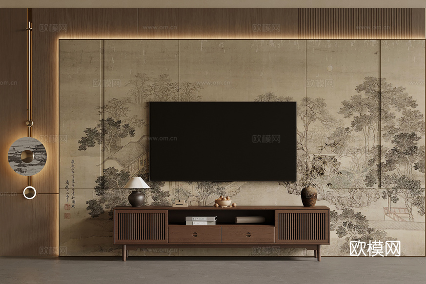 新中式電視柜 背景墻3d模型下載