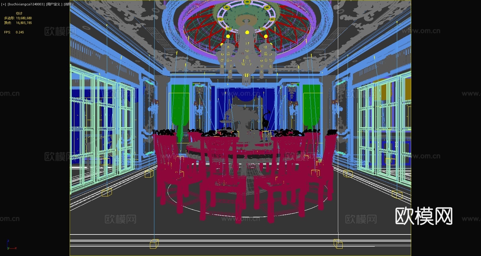 欧式餐厅欧式雕花欧式雕花餐桌餐椅餐具奢华餐厅3d模型