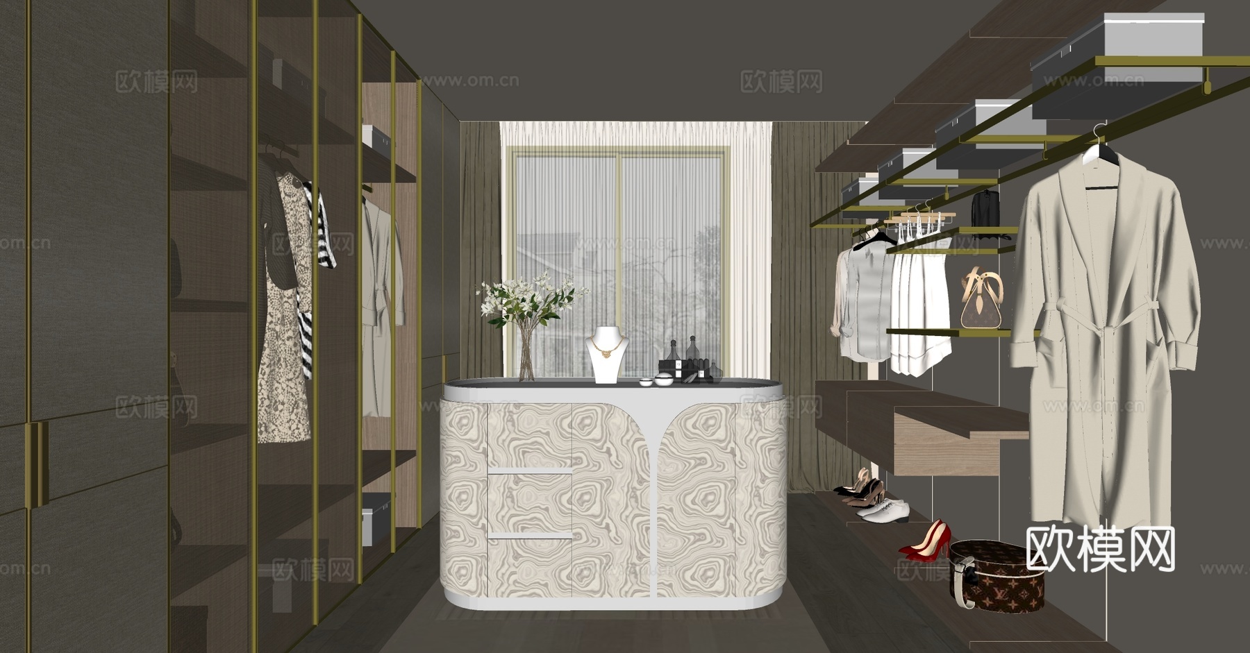 轻奢意式衣帽间 岛台衣帽间 步入式衣帽间 u型衣帽间 首饰柜su模型