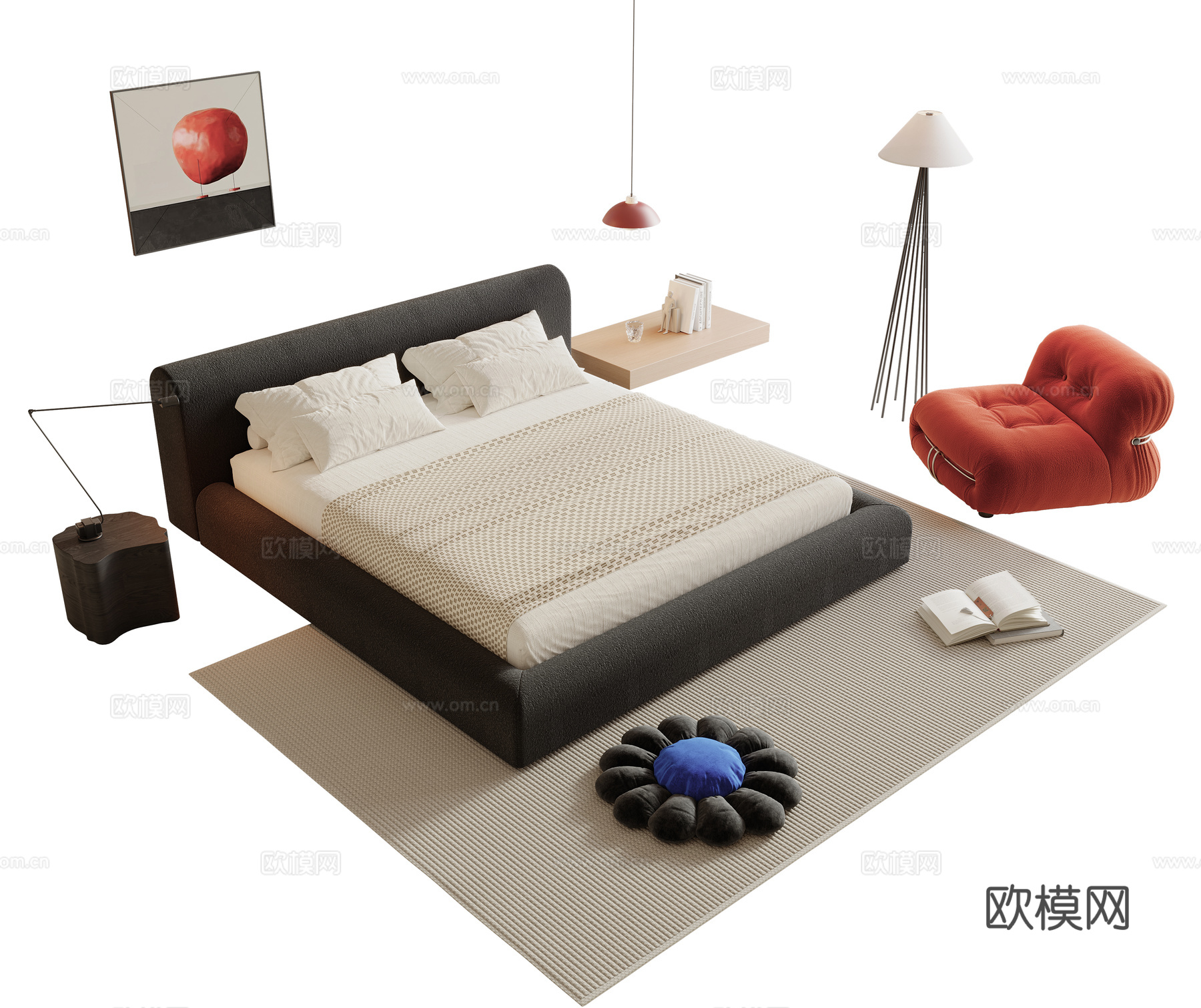 侘寂风双人床 布艺双人床 床头边几 床头吊灯 单人休闲椅3d模型