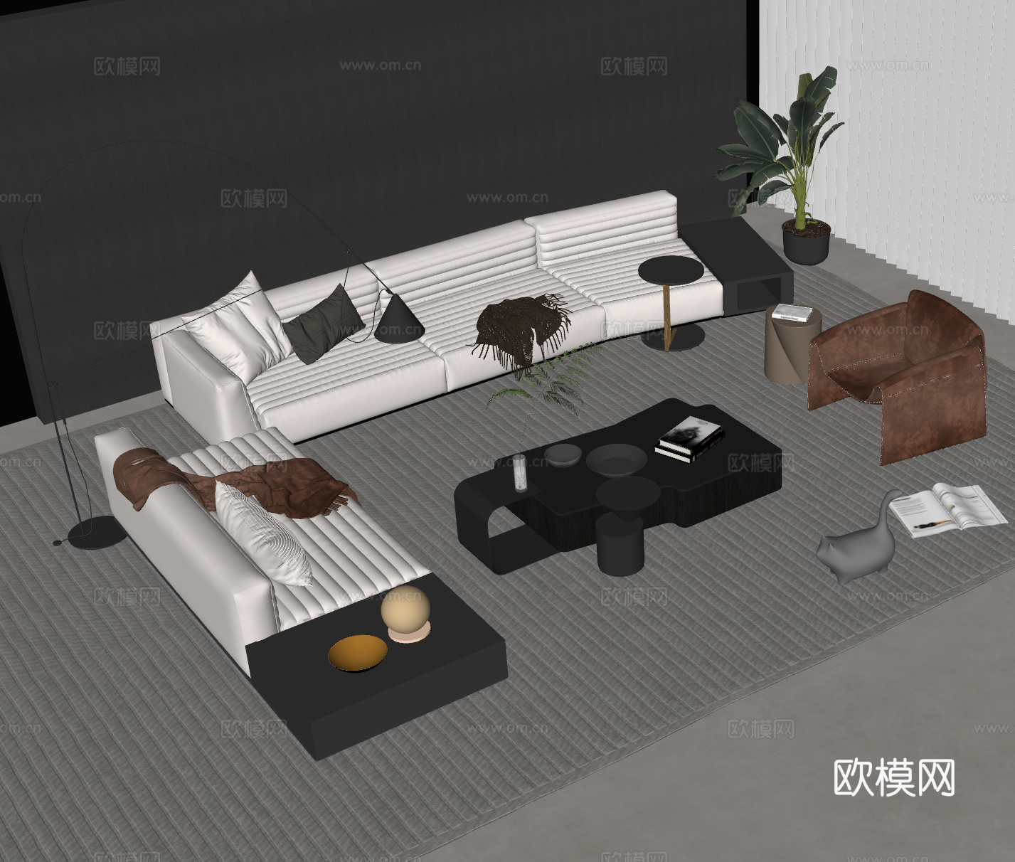 Minotti 客厅沙发 意式沙发茶几组合 米洛提沙发 双人su模型