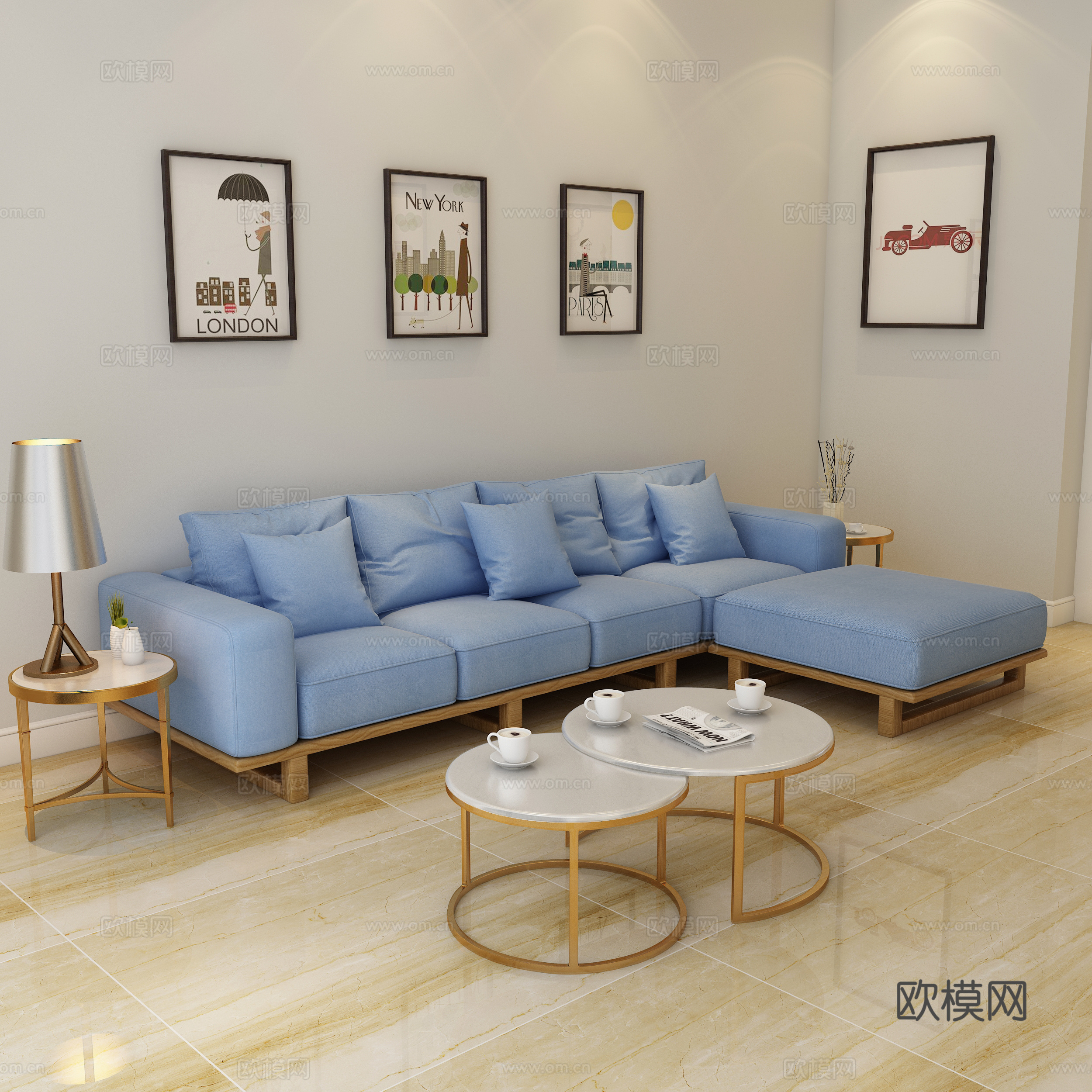 现代沙发 实木沙发茶几组合 脚踏沙发3d模型