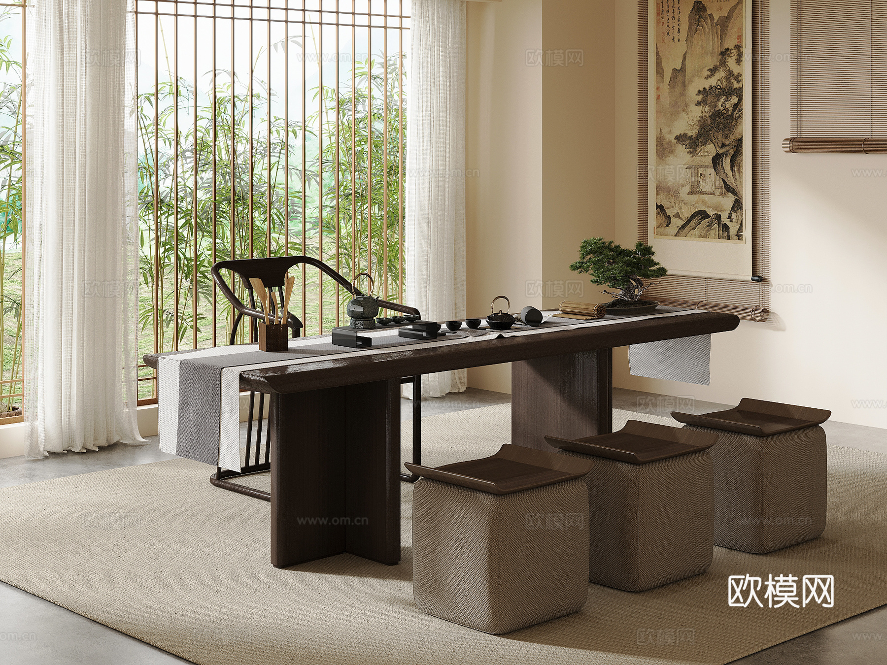 新中式茶室 茶桌椅 茶台 茶具3d模型