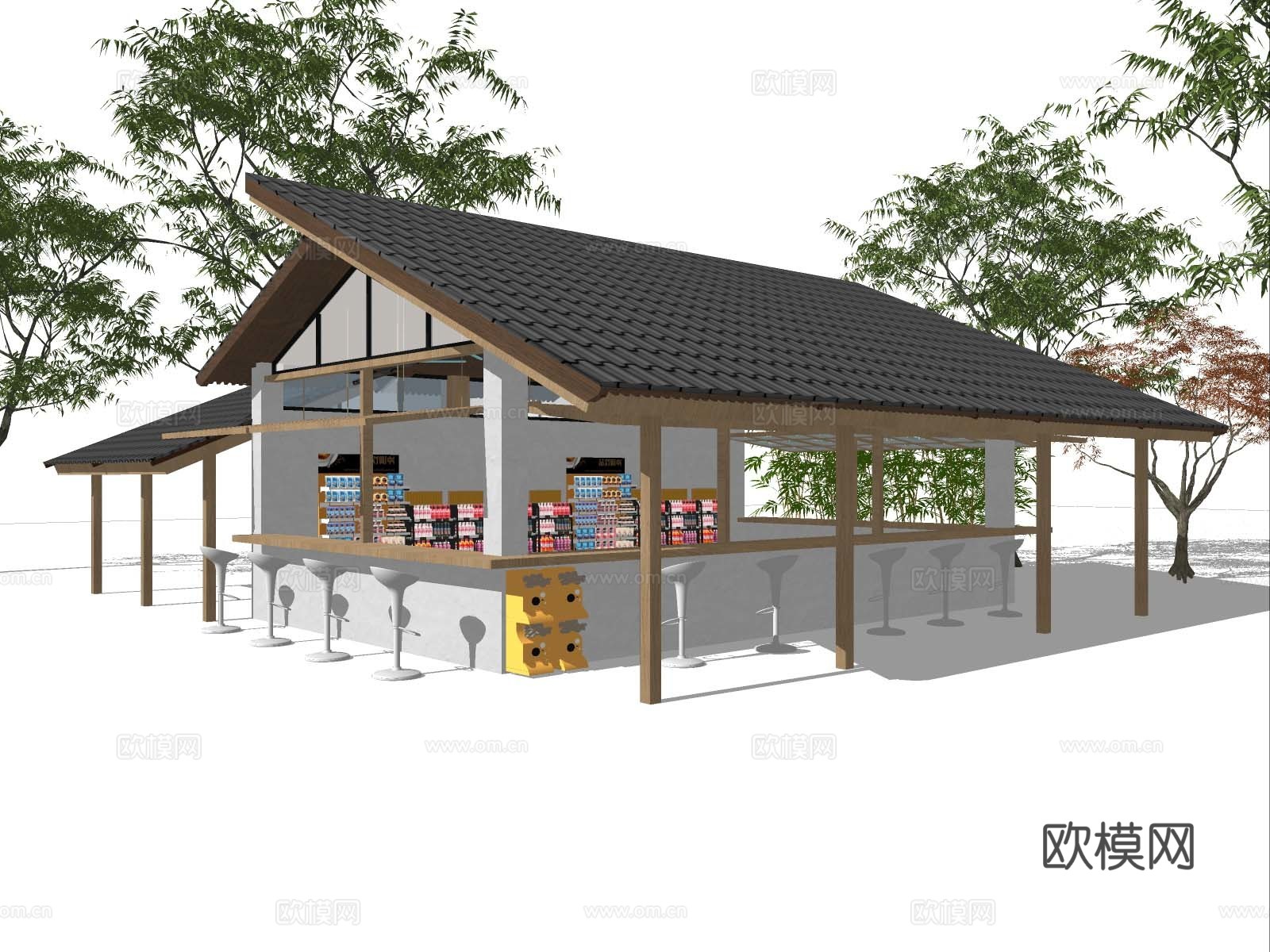 现代庭院茶室 新中式茶室 咖啡吧 驿站休息亭su模型