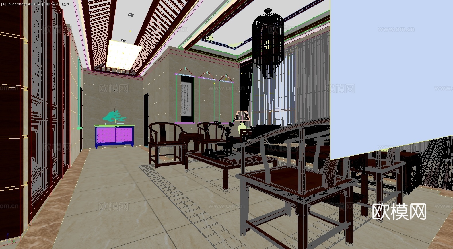 中式玄关柜中式客厅沙发单人椅茶几地毯边几吊灯中式门窗帘3d模型