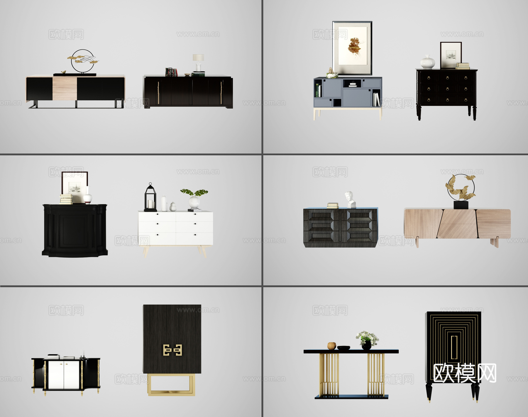 新中式玄关柜 装饰柜 边柜 电视柜组合3d模型下载（渲染图1）