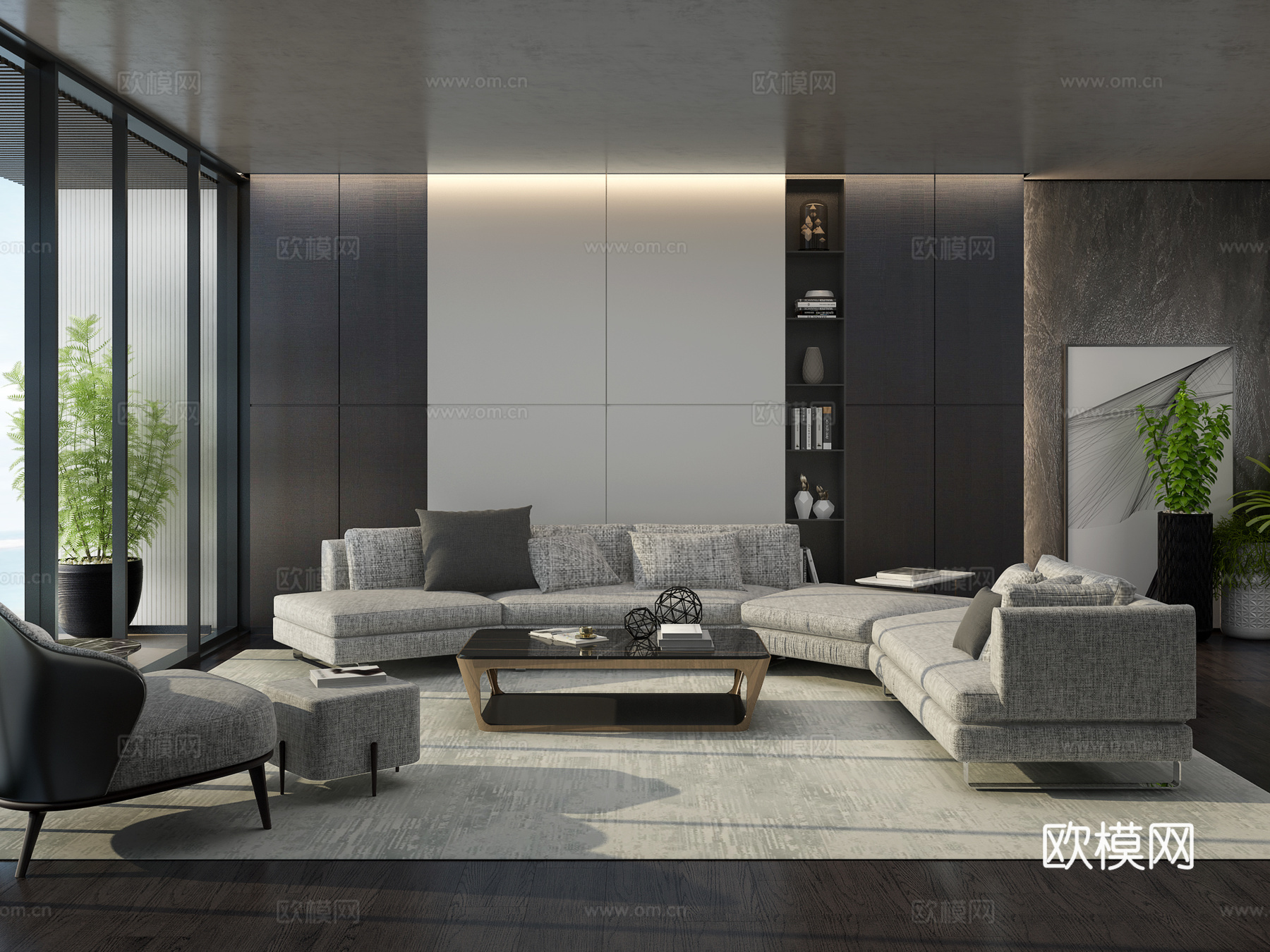 现代客厅布艺转角沙发 茶几组合3d模型