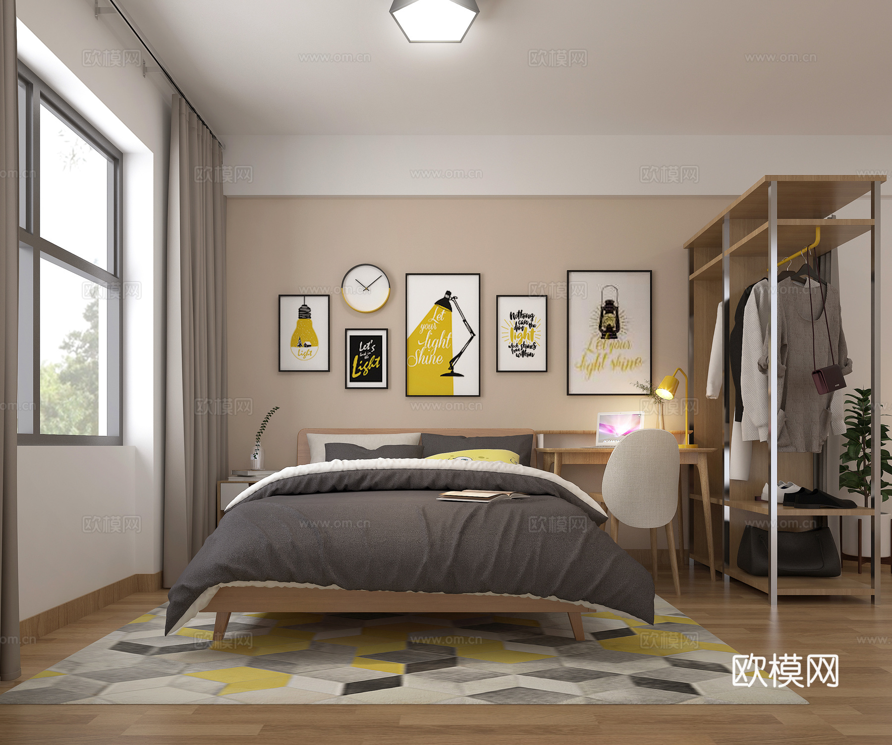 现代公寓 loft衣架 落地灯 台灯 吸顶灯 盆栽 书桌3d模型