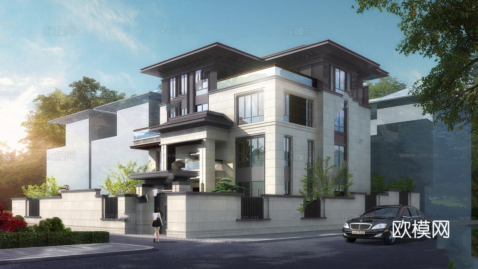 新中式独栋别墅 平顶 自建房su模型