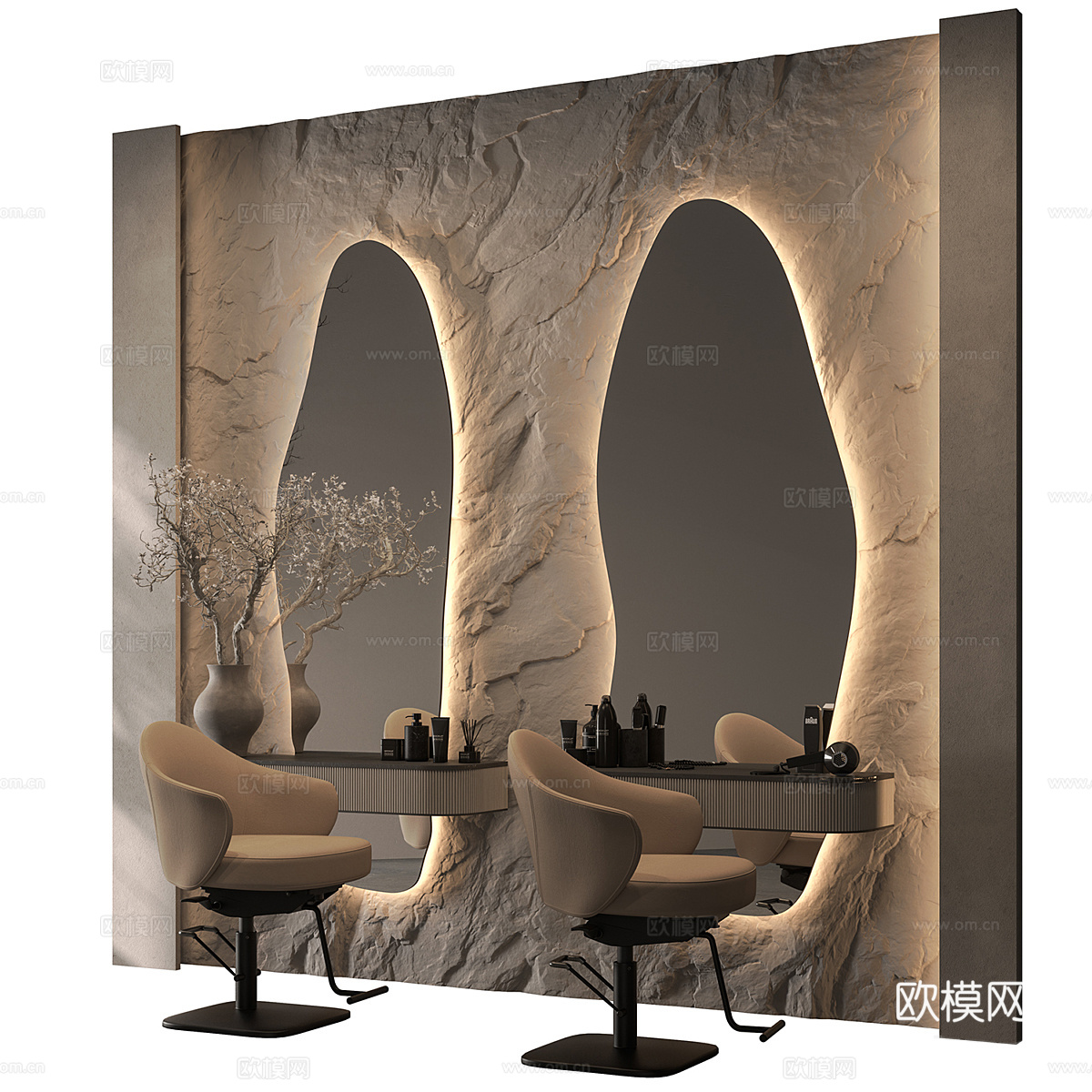 现代侘寂理发店 美发椅3d模型