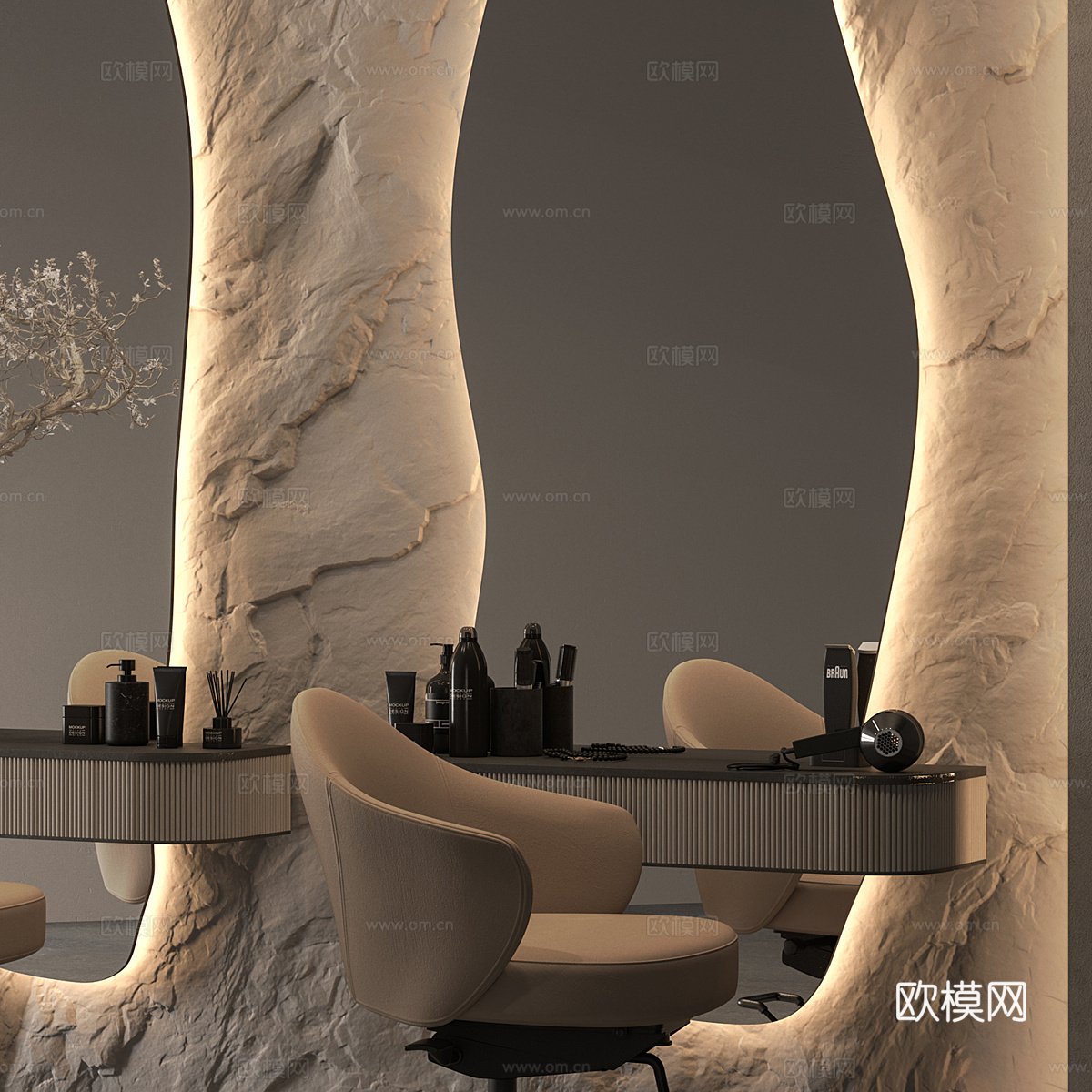 现代侘寂理发店 美发椅3d模型