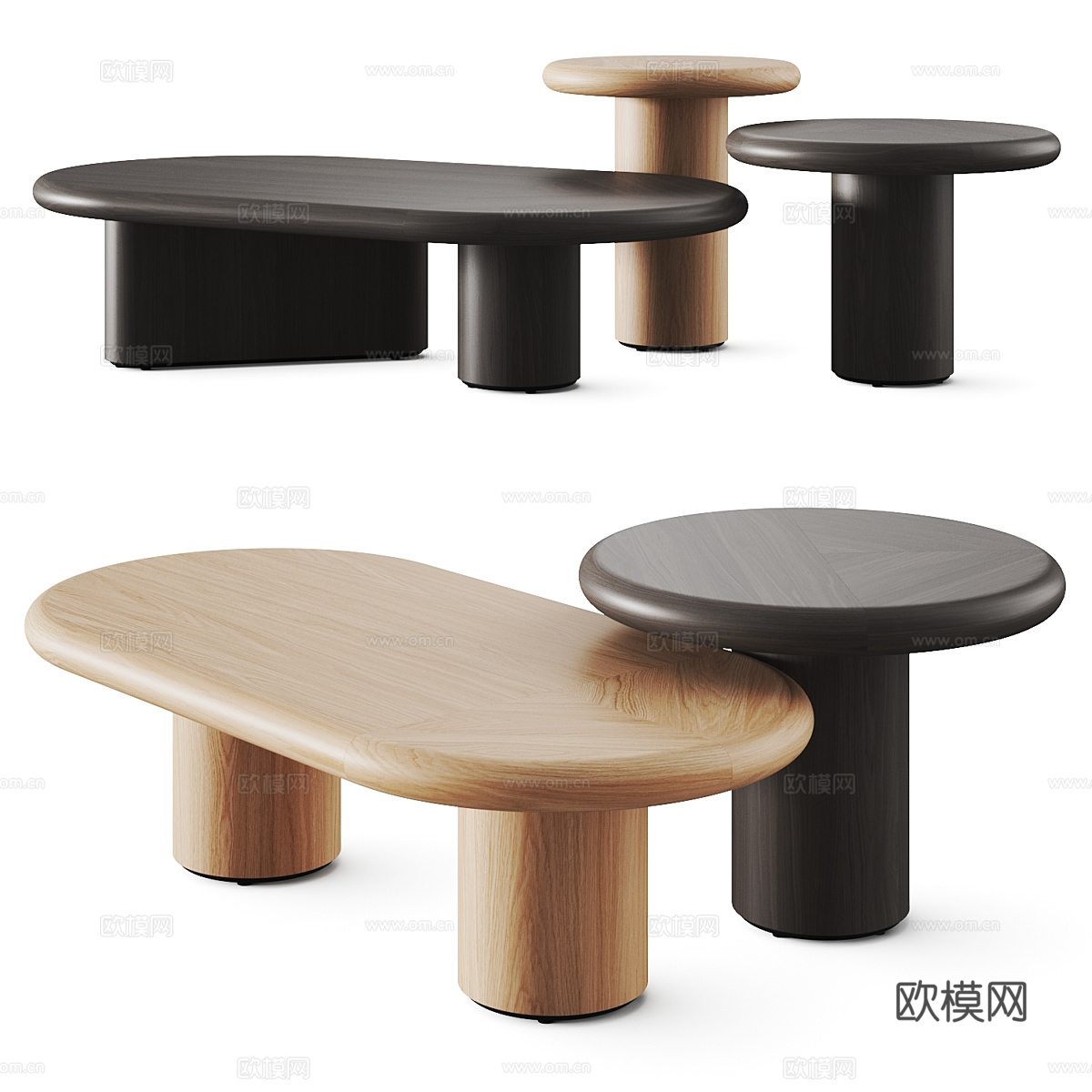 现代意式实木茶几组合3d模型