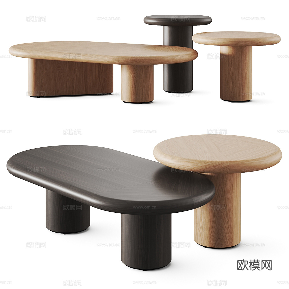 现代意式实木茶几组合3d模型