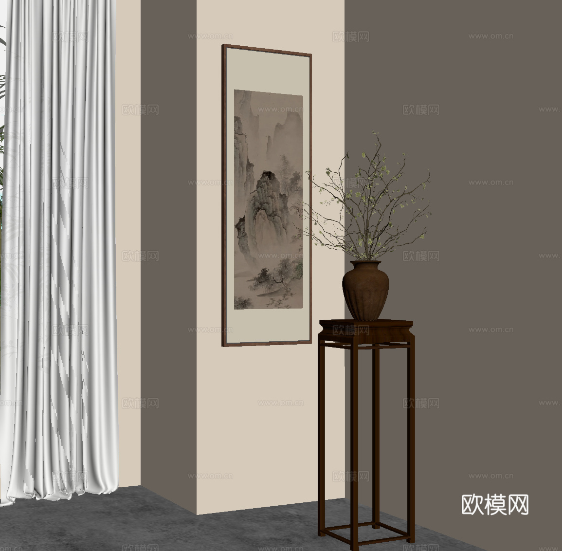 新中式花架 干枝盆景 挂画su模型
