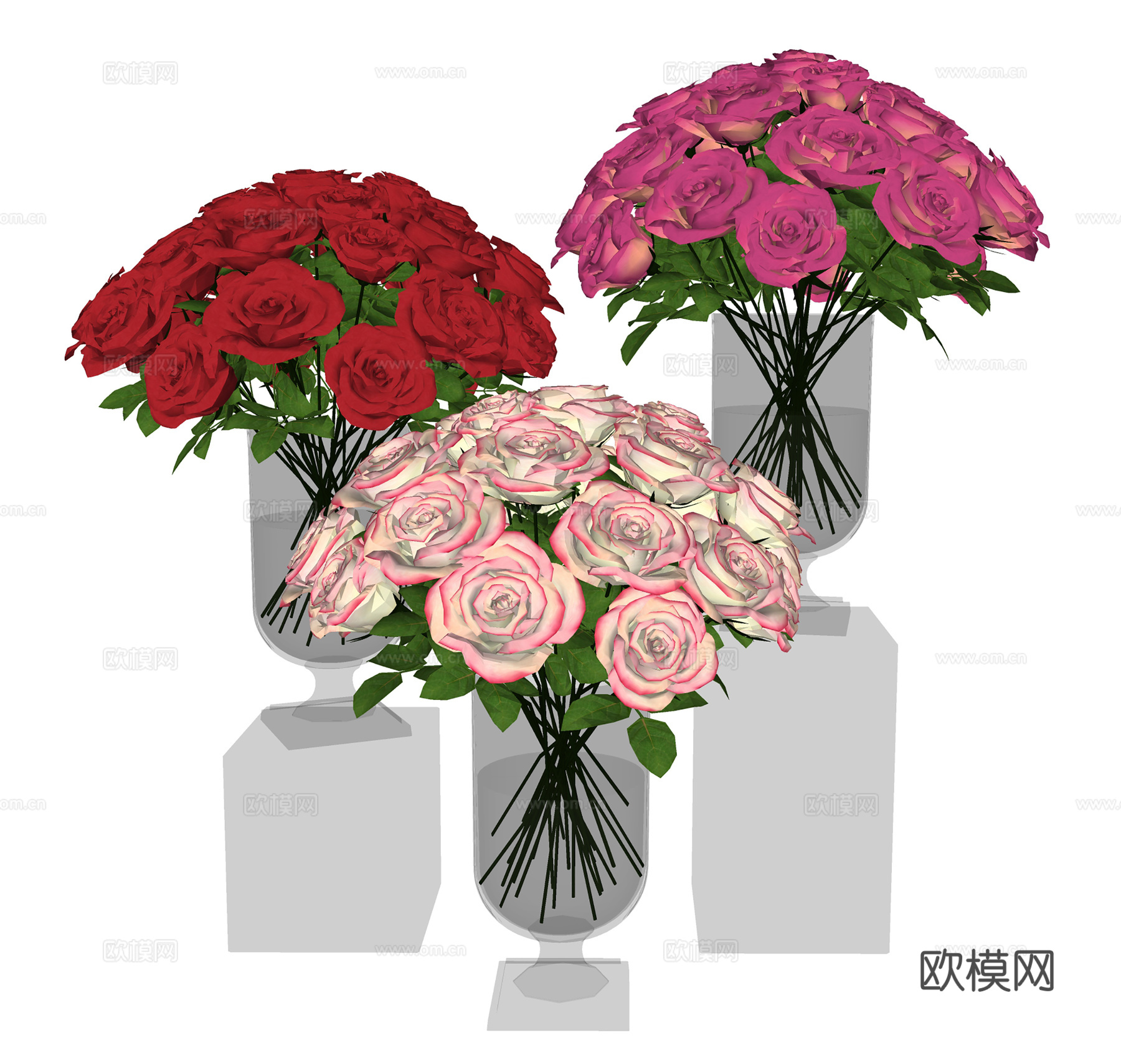 现代花瓶花卉 玻璃花瓶插花 花卉组合su模型