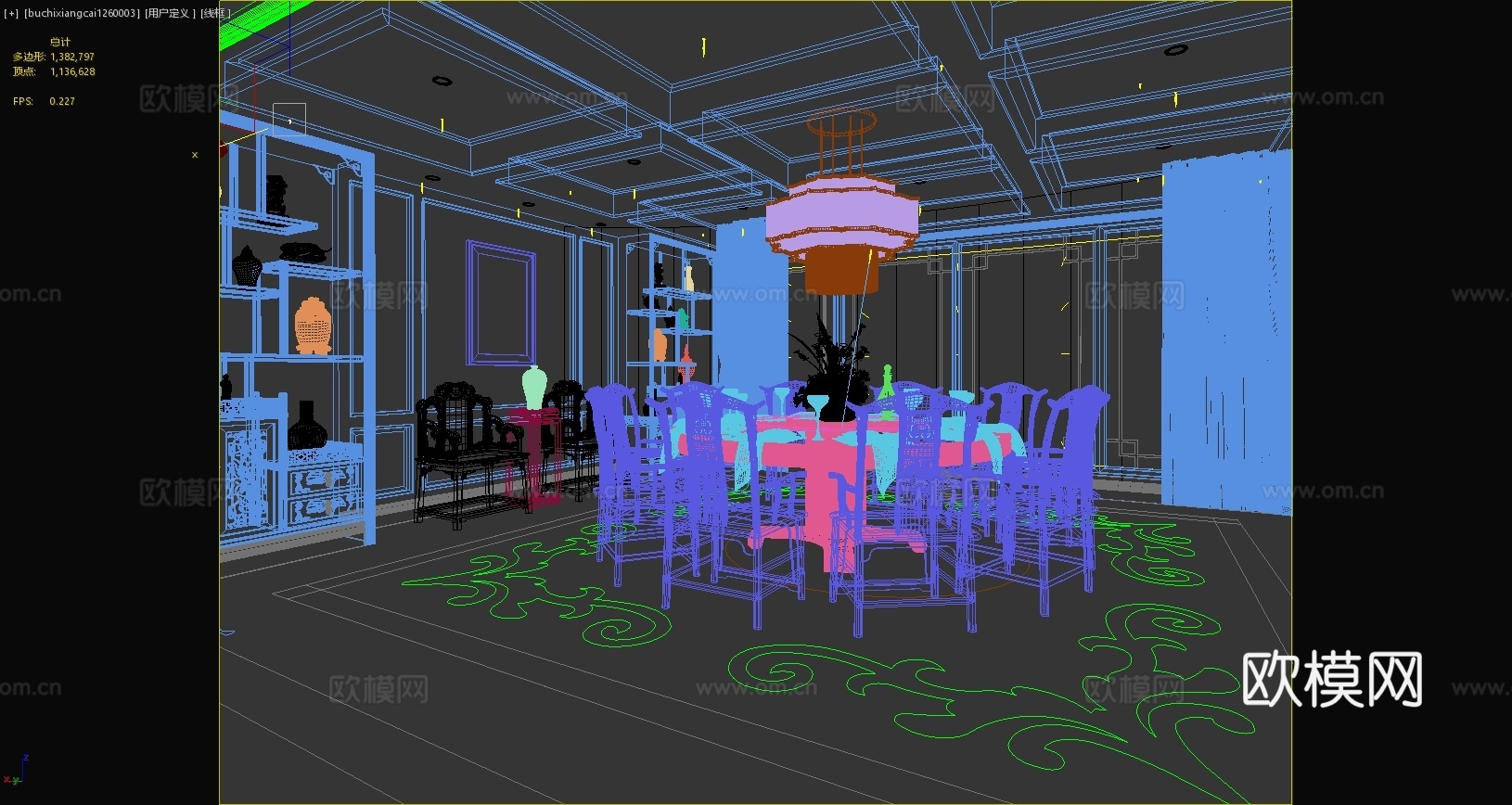 中式餐厅玄关餐桌中式餐椅吊灯餐边柜挂画窗帘3d模型