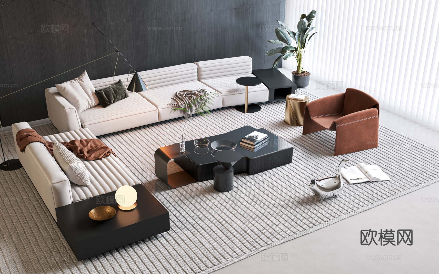 Minotti 客厅沙发 意式沙发茶几组合 米洛提沙发 双人3d模型