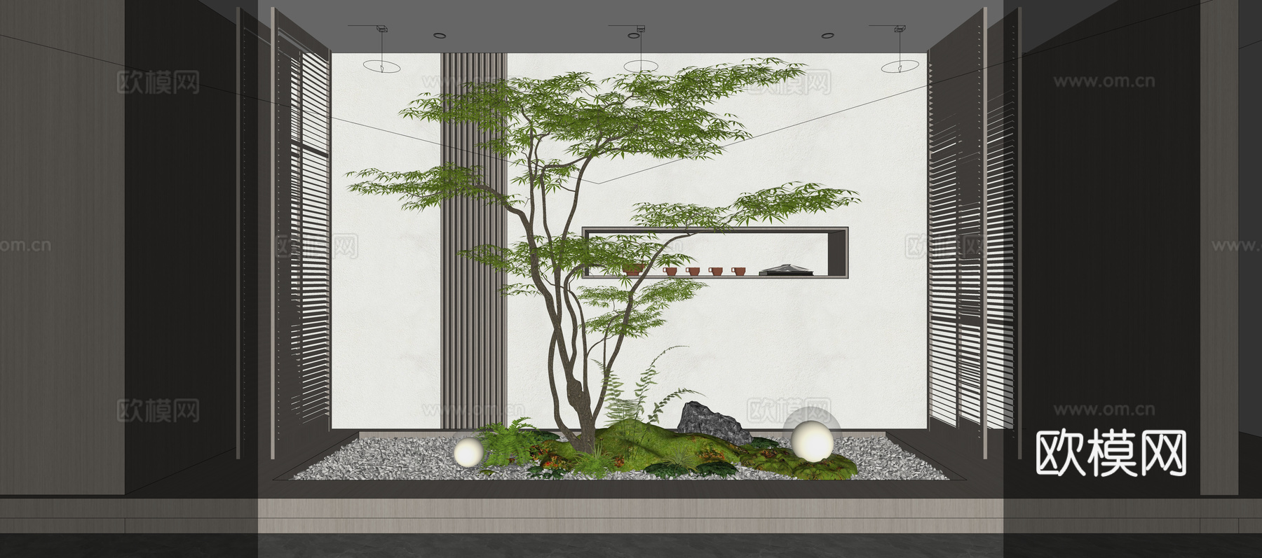 新中式室内庭院景观 庭院小品 别墅天井植物造景su模型