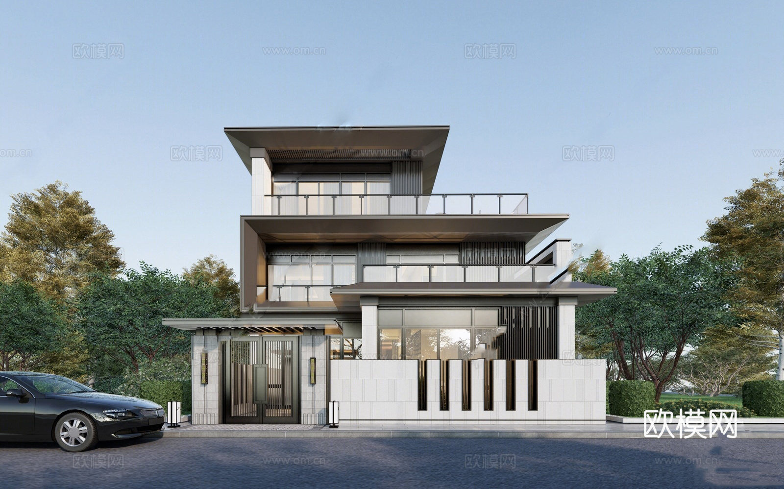 新中式独栋别墅 平顶 自建房su模型