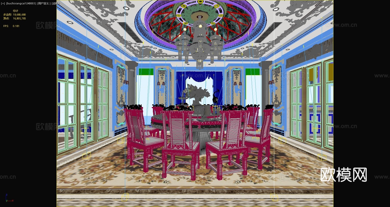 欧式餐厅欧式雕花欧式雕花餐桌餐椅餐具奢华餐厅3d模型