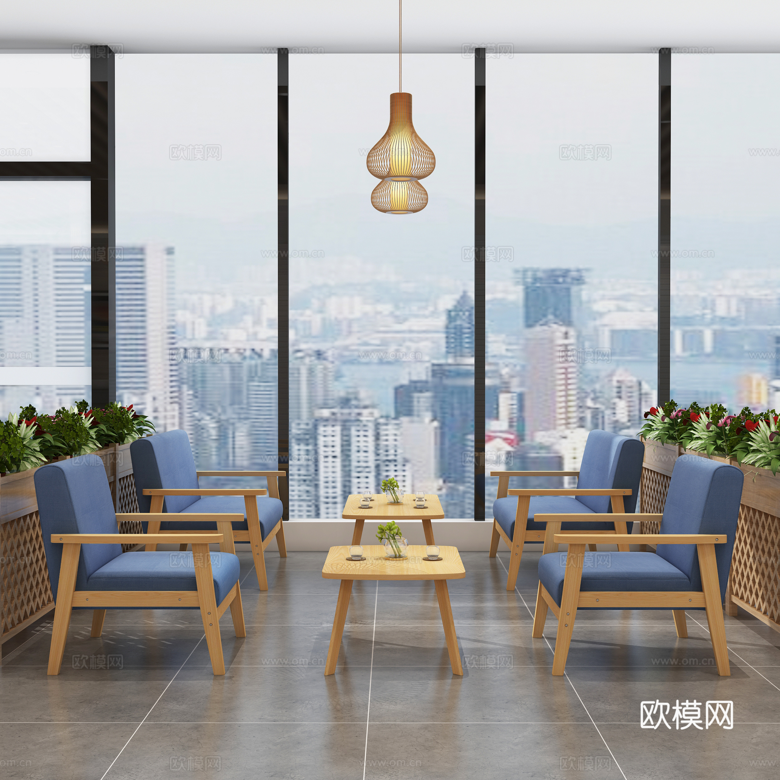 现代餐厅 咖啡厅沙发 实木沙发 茶几组合 蓝色布艺沙发3d模型